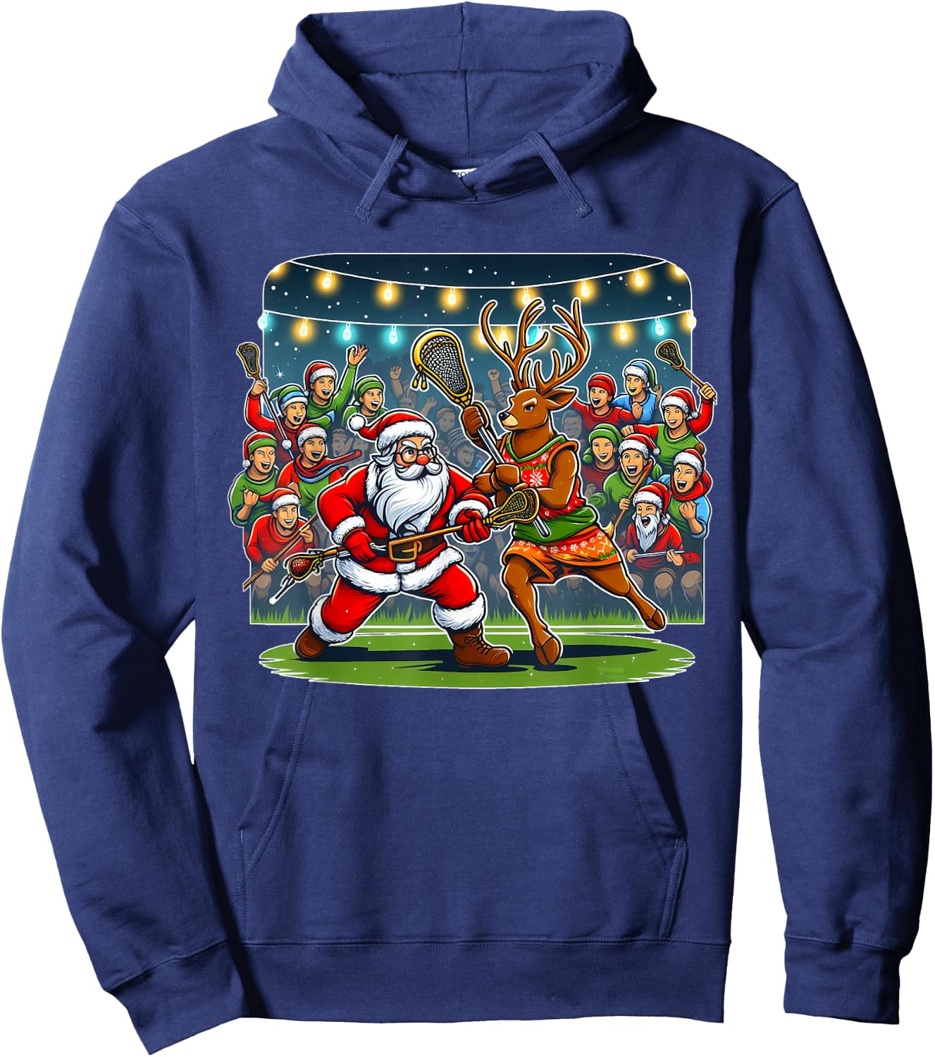 Lacrosse Player Christmas Santa Reindeer Playing Lax Graphic Hoodie - Hoodie | Navy