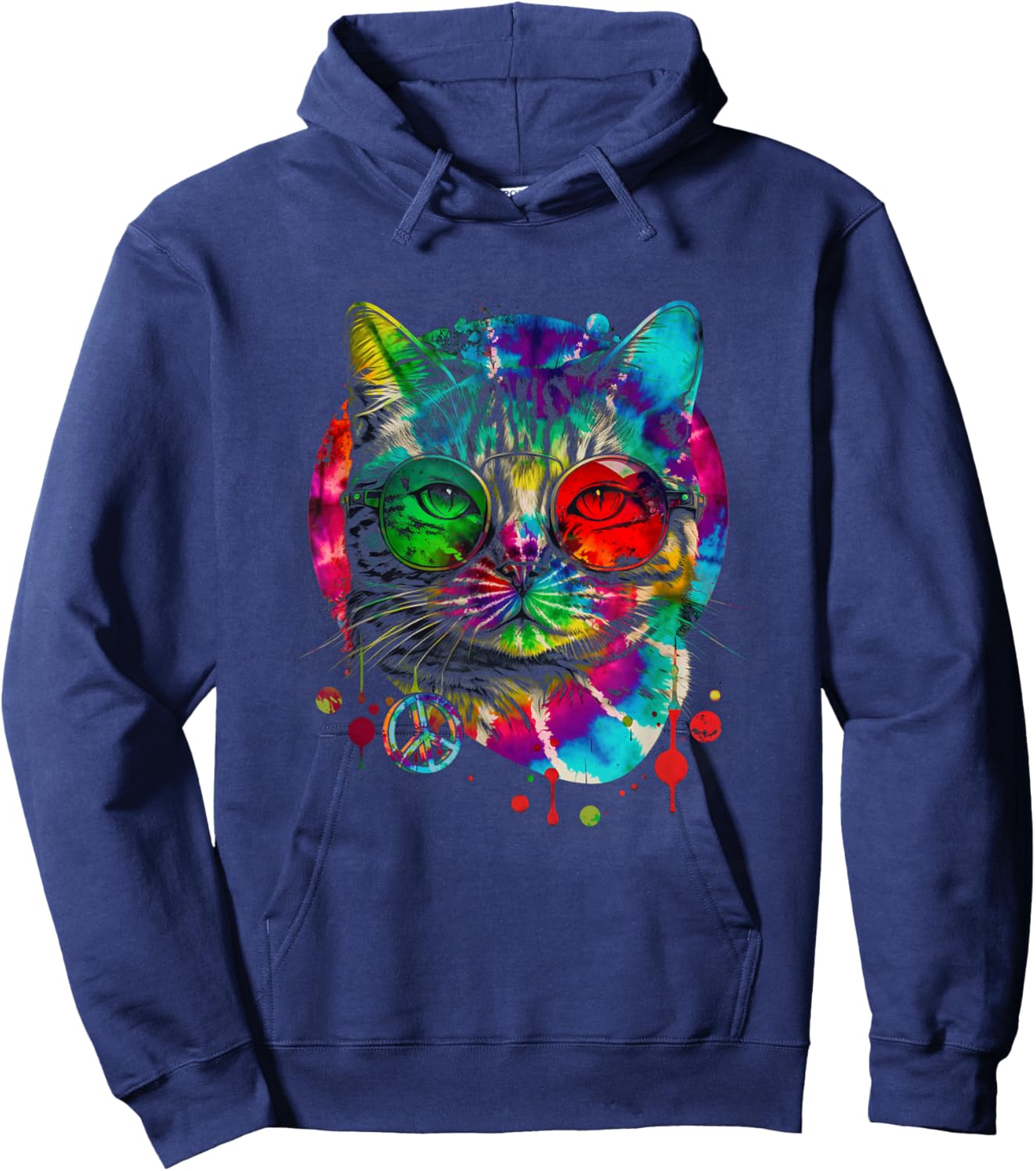 Hippie Cat Tie Dye Peace Sign 60s Psychedelic-Pet Cat Lovers Hoodie - Hoodie | Navy