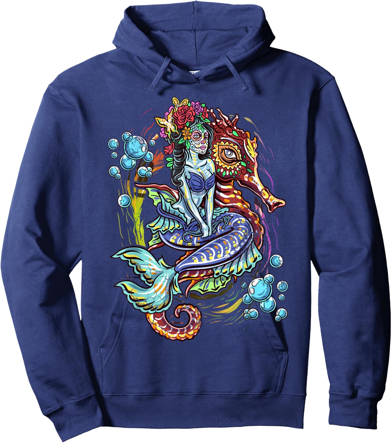 Day Of The Dead Seahorse Mermaid Art Design Hoodie - Hoodie | Navy