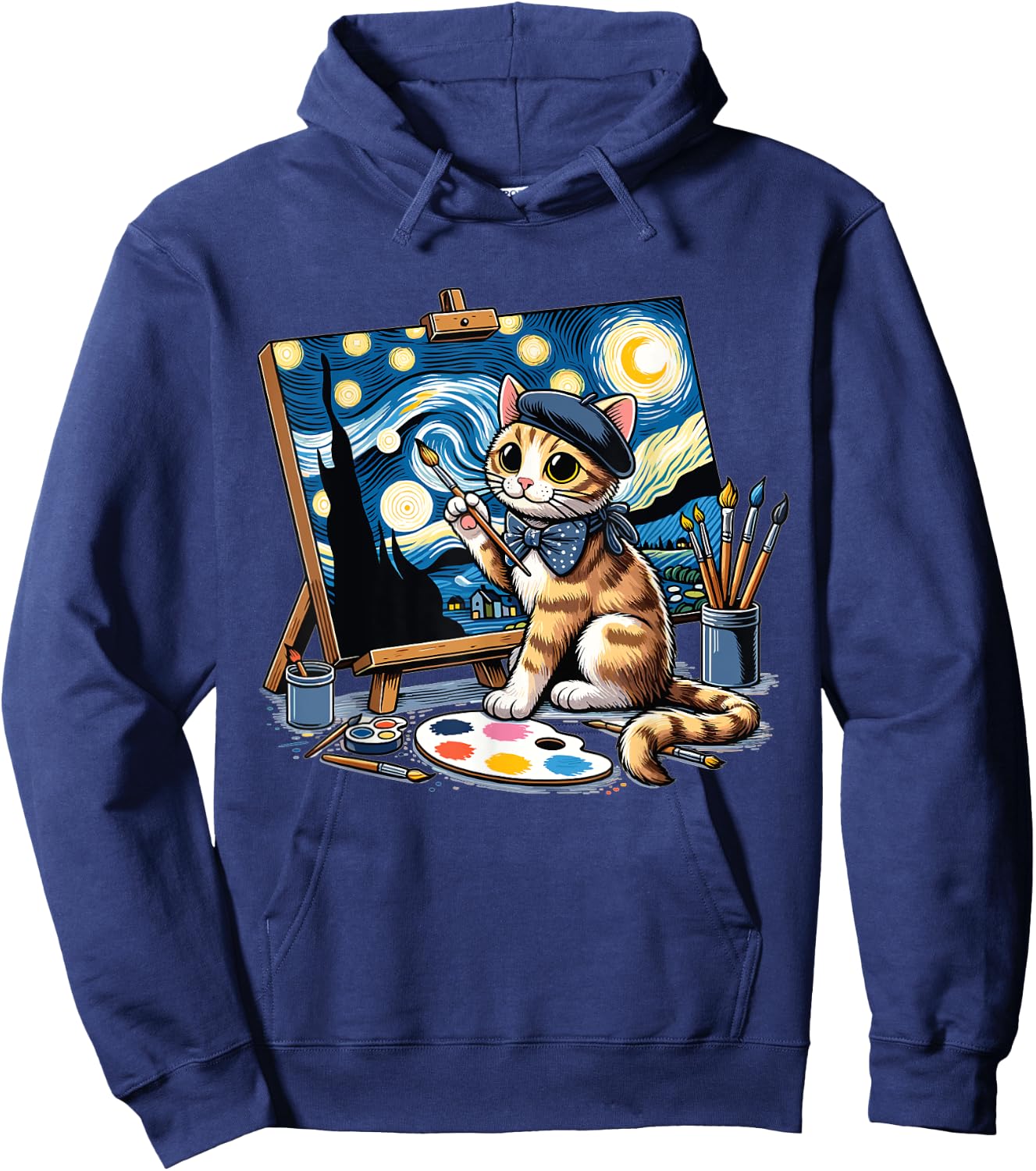 Funny Cute Cat Drawing Starry Night Painting Art For Artist Hoodie - Hoodie | Navy