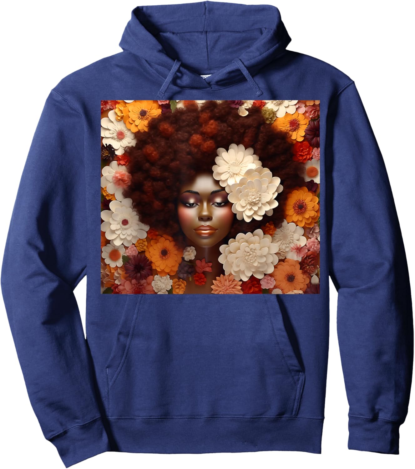 Afro Woman Floral Black Queen Puff Art Melanin Orange White Hoodie - Hoodie | Navy