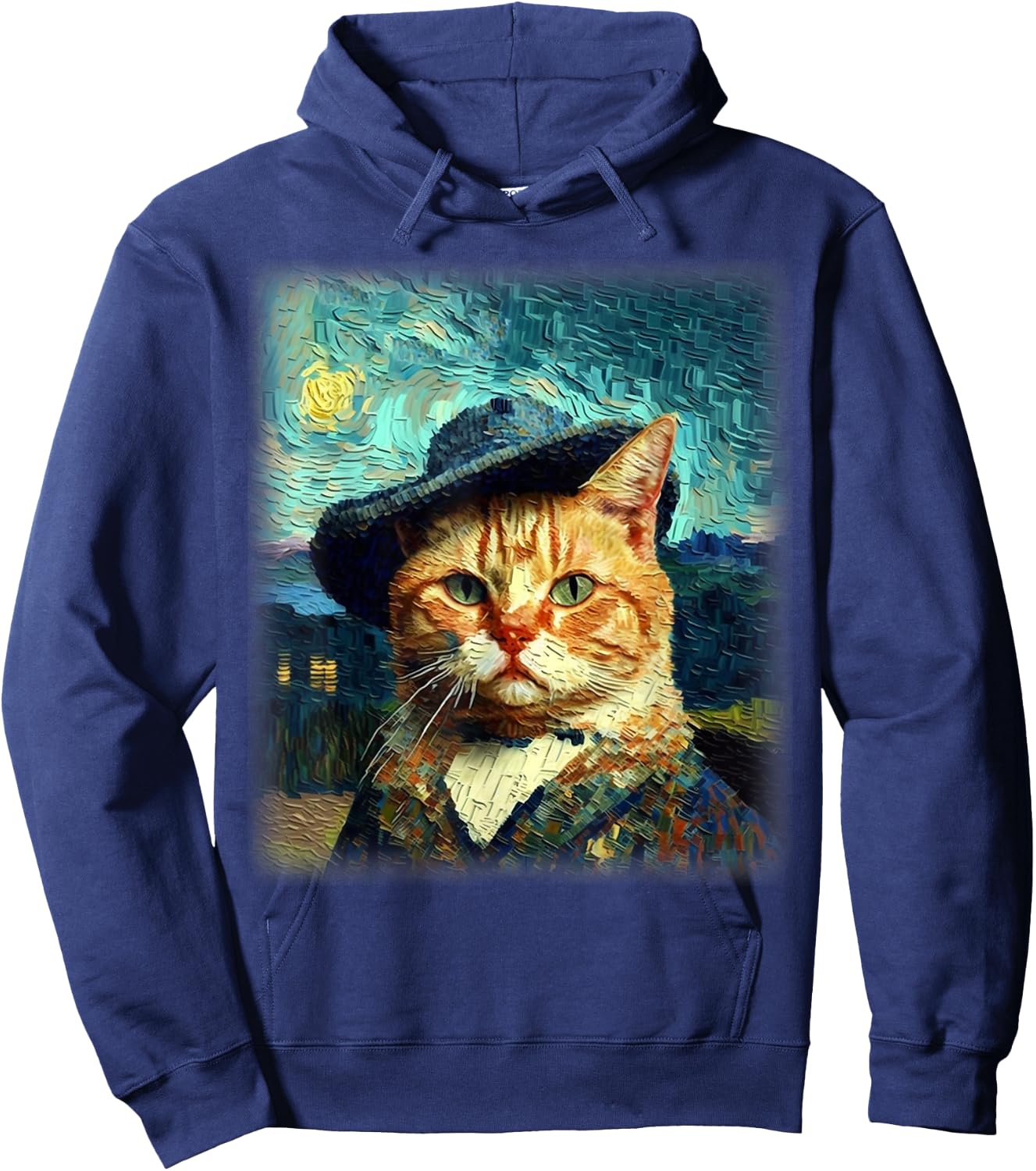 Starry Night Cat, Van Gogh Cat, Cat Mom, Cat Dad, Cat Lover Hoodie - Hoodie | Navy