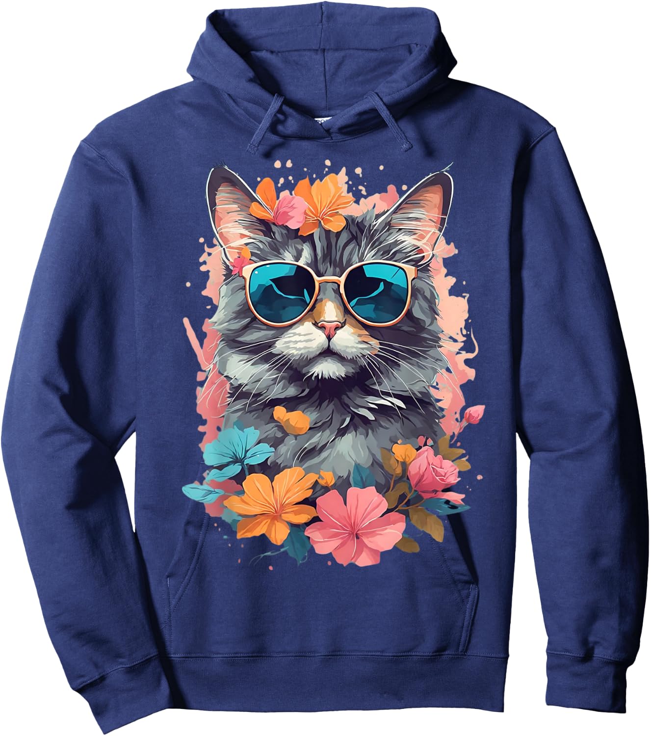 Sunglasses Tabby Cat Shirt for Girls Floral Flowers Graphic Hoodie - Hoodie | Navy