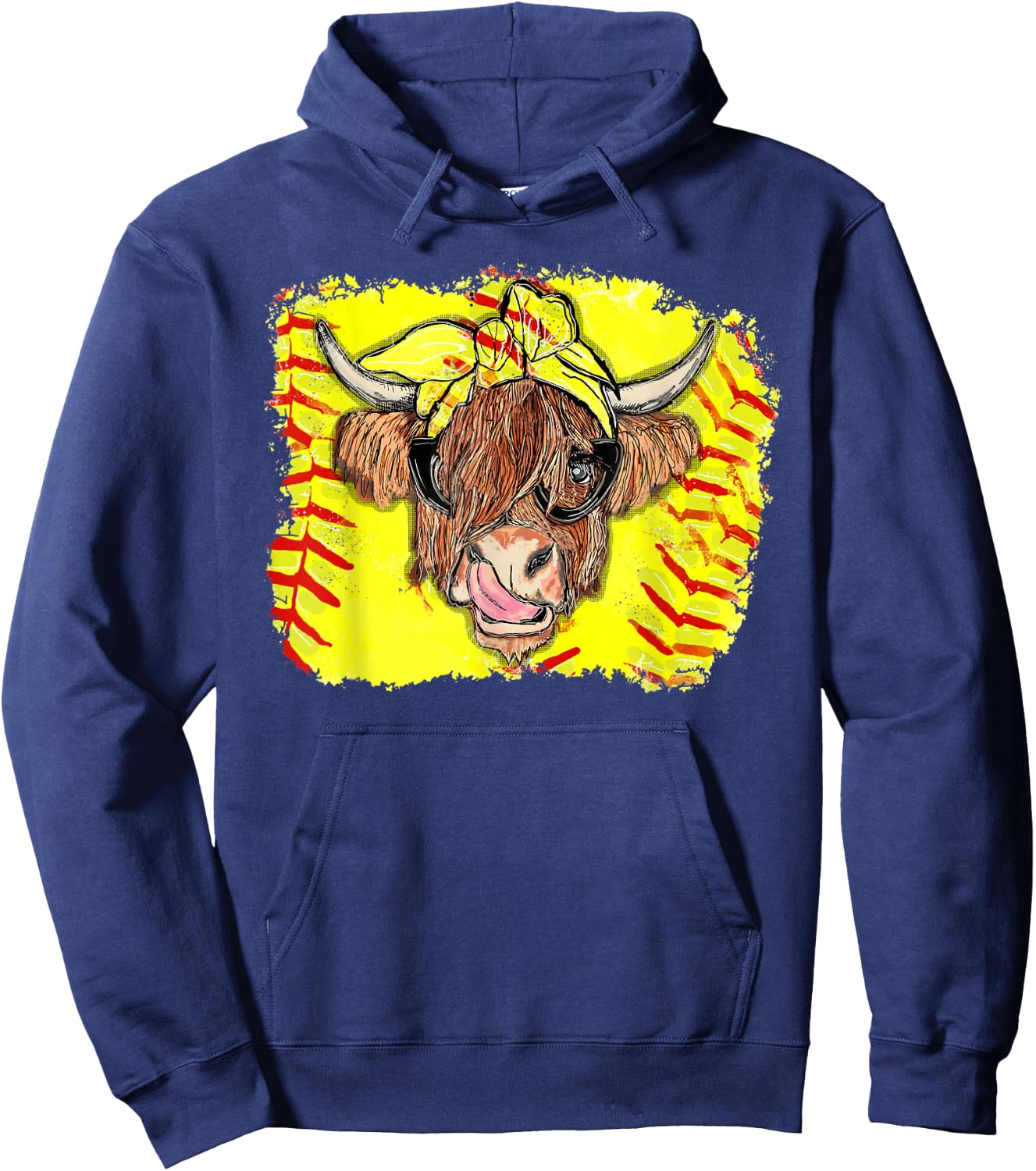 Softball Highland Cow With Bandana Glasses Happy Mother's Hoodie - Hoodie | Navy