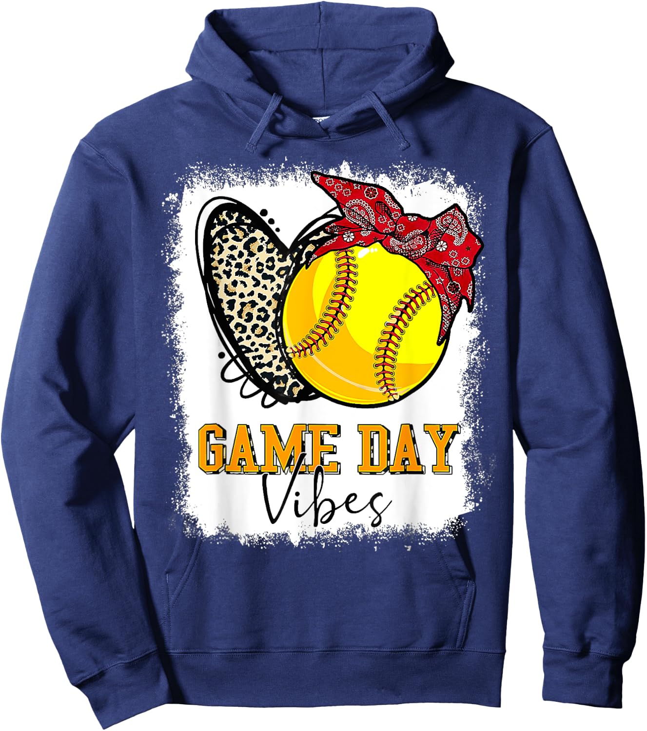 Softball Game Day Vibes Leopard Heart Headband Mom Bleached Hoodie - Hoodie | Navy