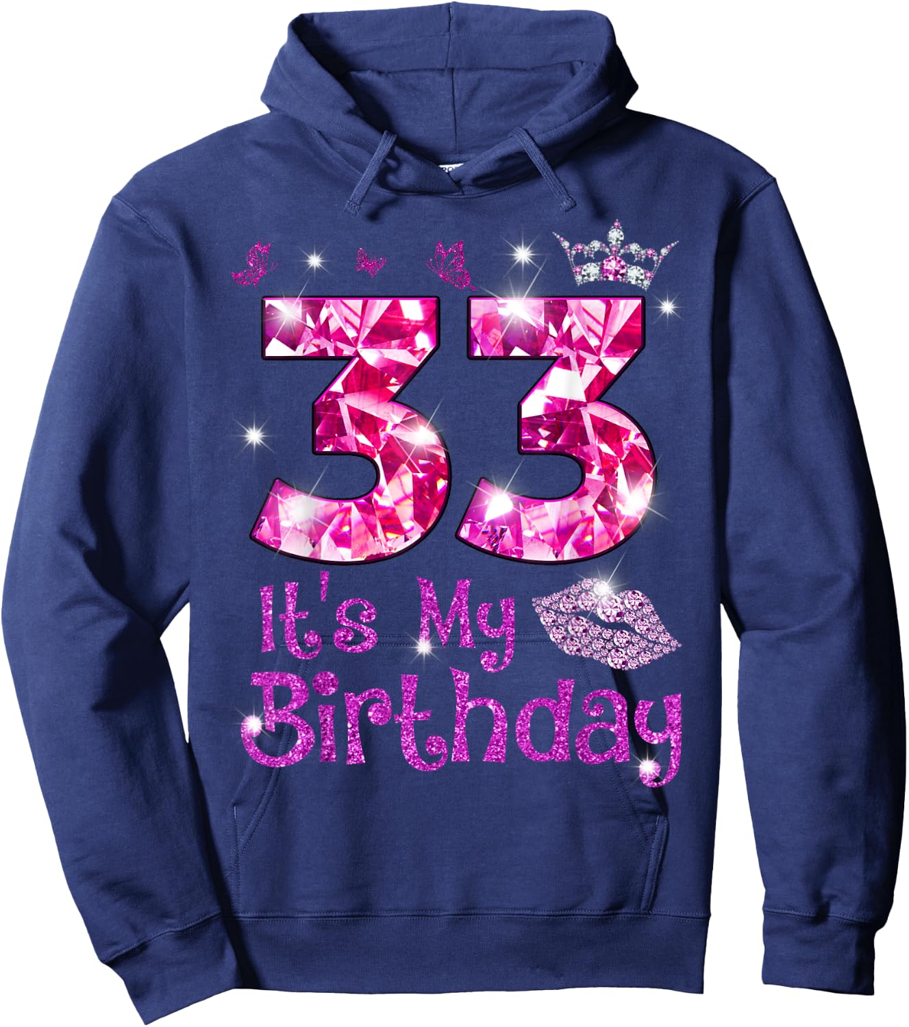 Vintage Happy 33 It's My Birthday Crown Lips 33rd Birthday Hoodie - Hoodie | Navy