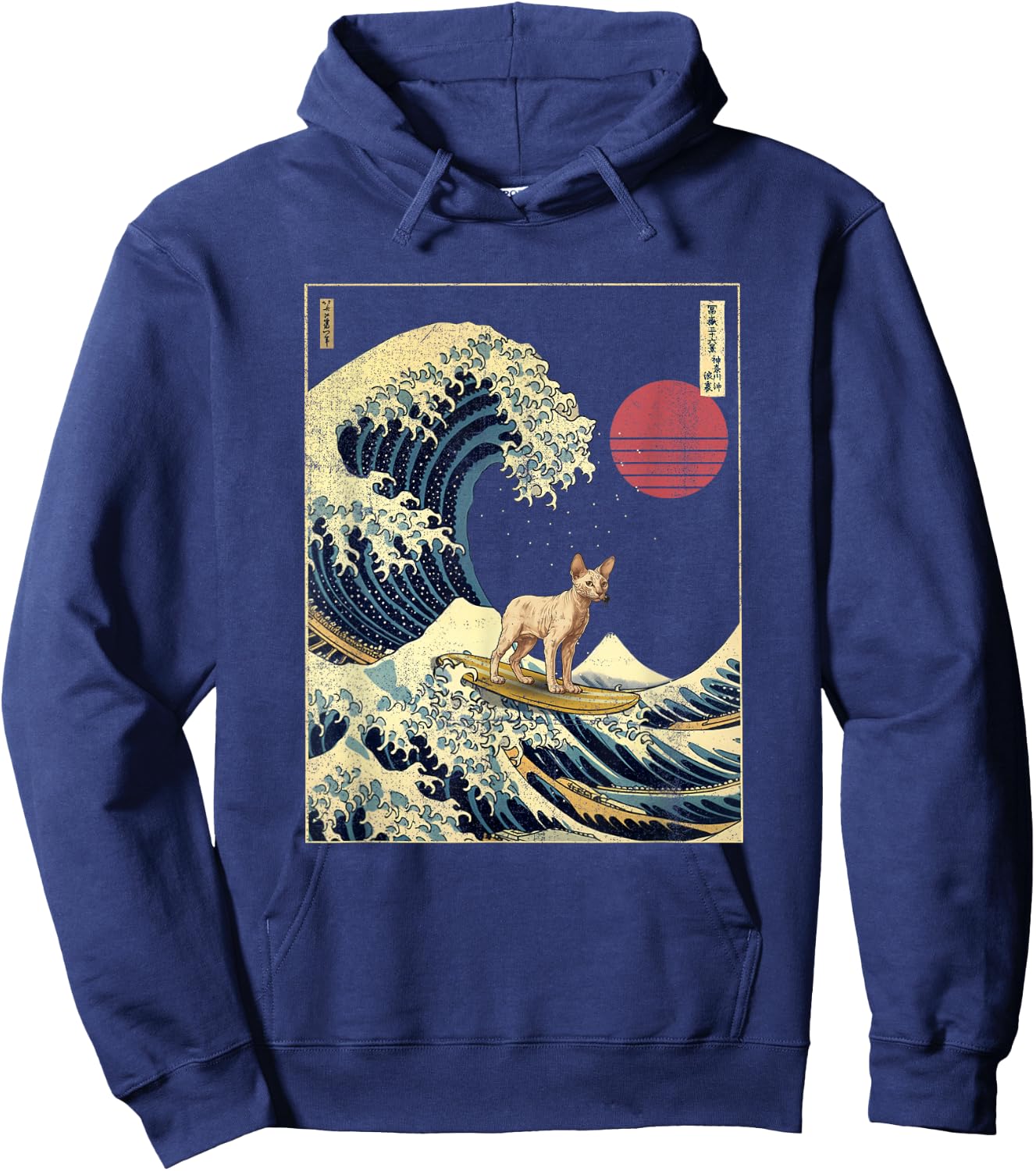Cornish Rex Cat Kanagawa Wave Funny Surf Animal Hoodie - Hoodie | Navy