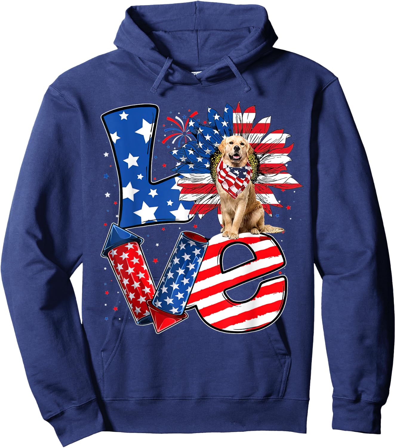 4th of July Decor Patriotic LOVE Golden Retriever Dog USA Hoodie - Hoodie | Navy