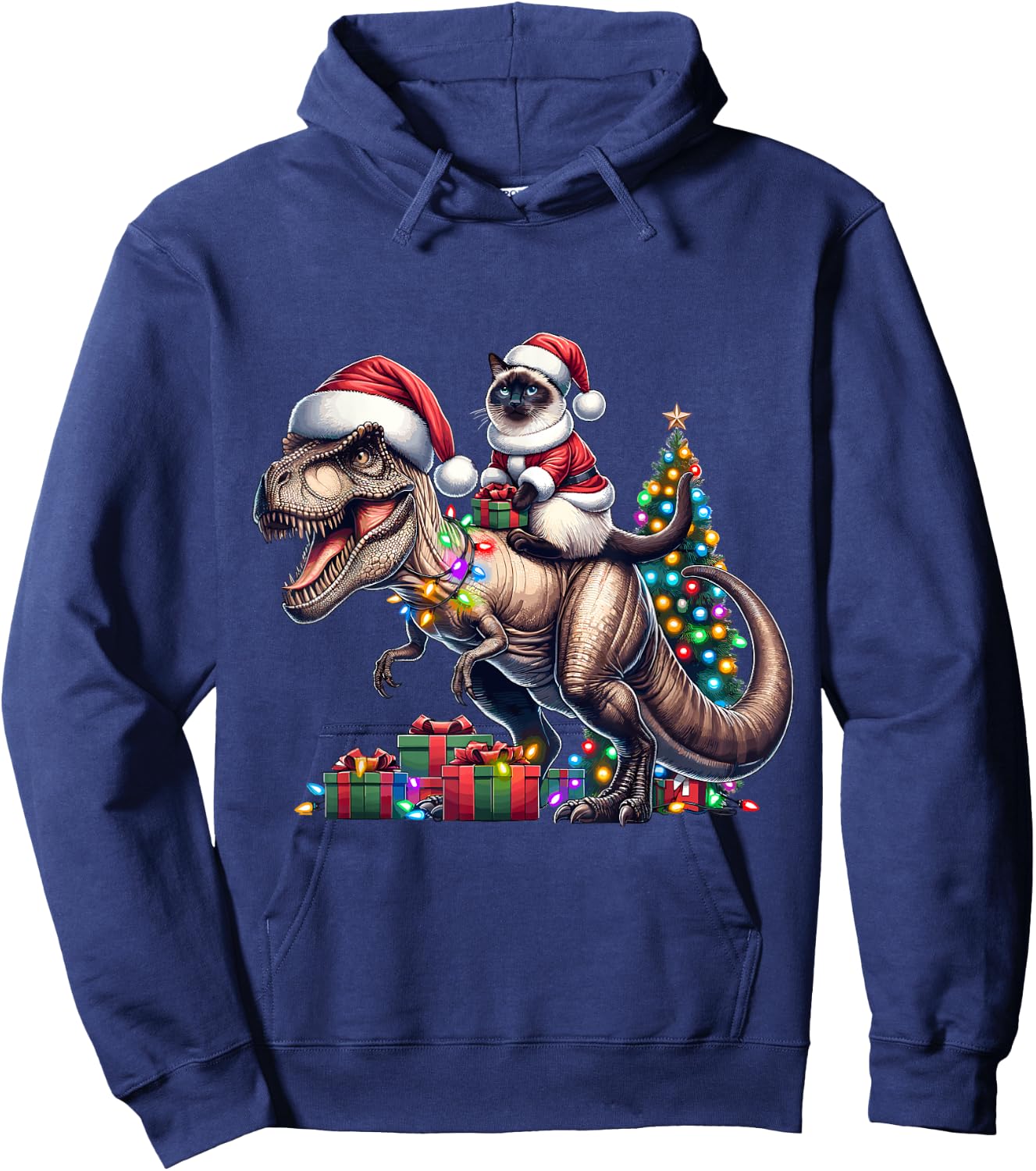 Siamese Cat Rides Festive T-Rex Santa For siamese cat Owners Hoodie - Hoodie | Navy