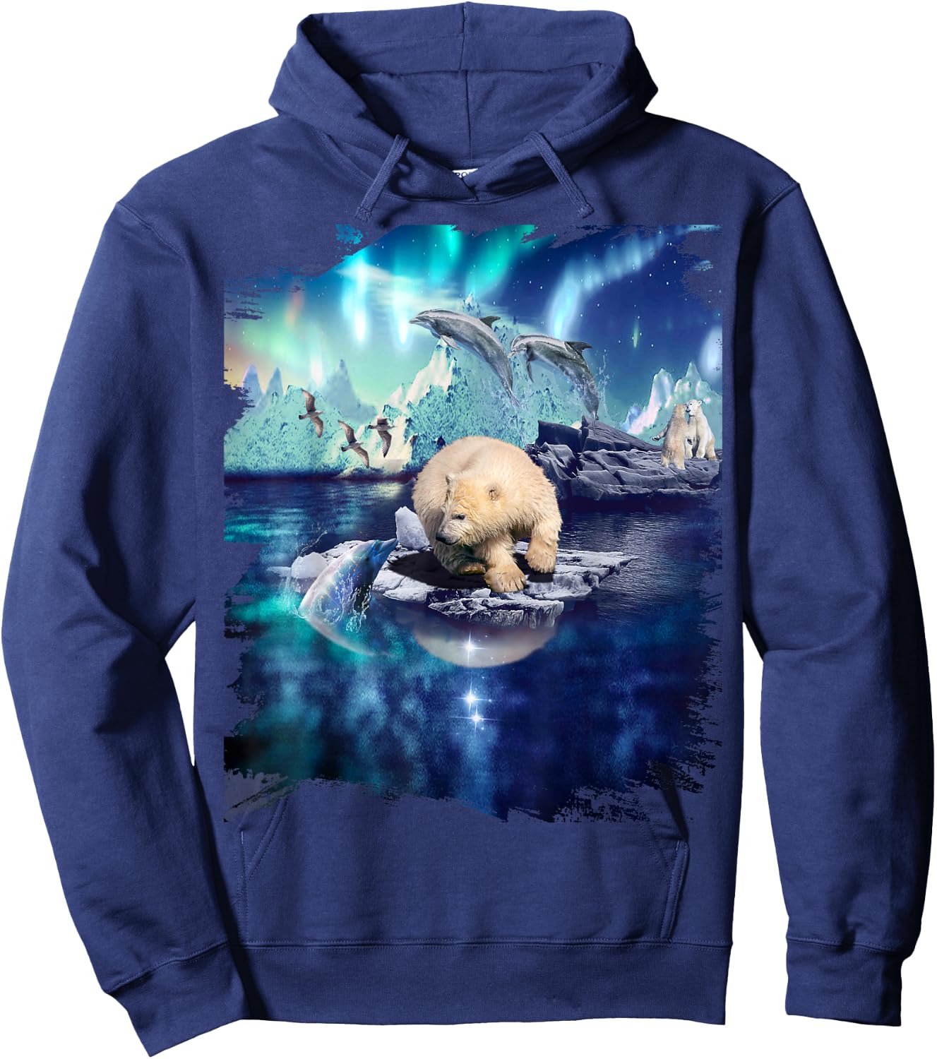 Dolphin and Northern Polar Bear, Lights and Dolphins Hoodie - Hoodie | Navy