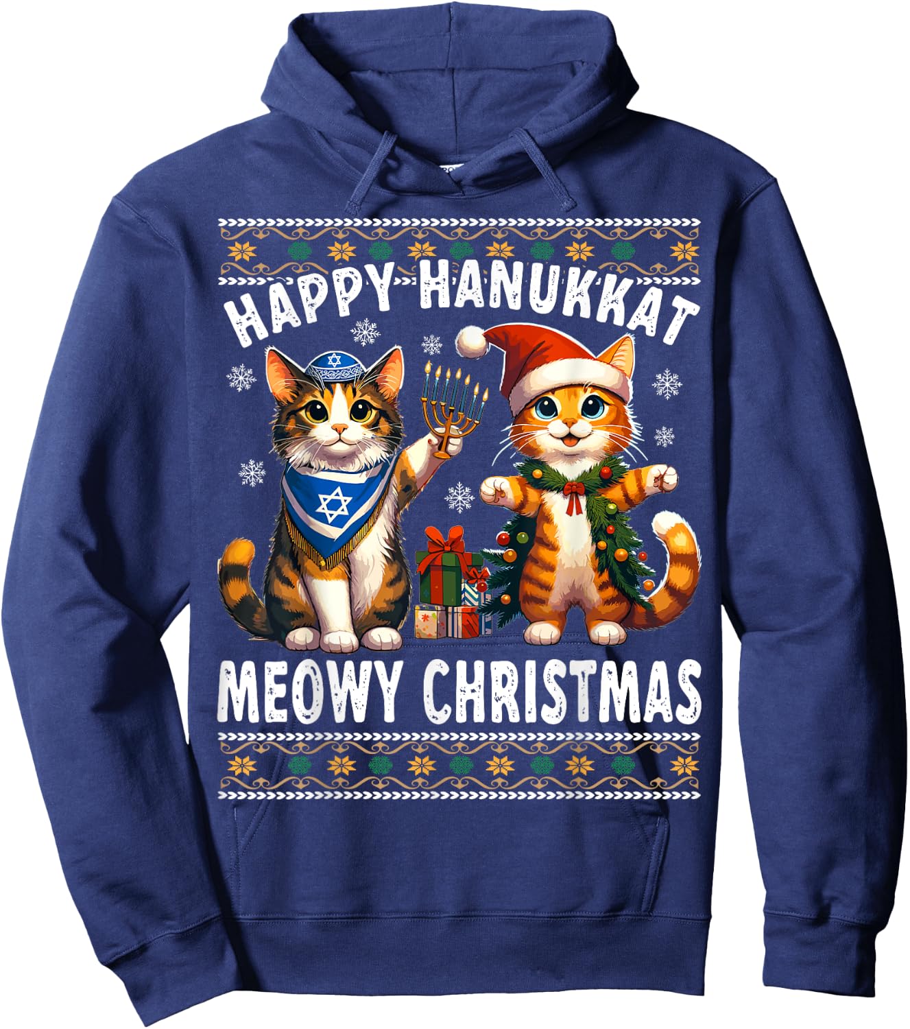 Cat Merry Christmas Happy Hanukkah Jewish Christian Hoodie - Hoodie | Navy