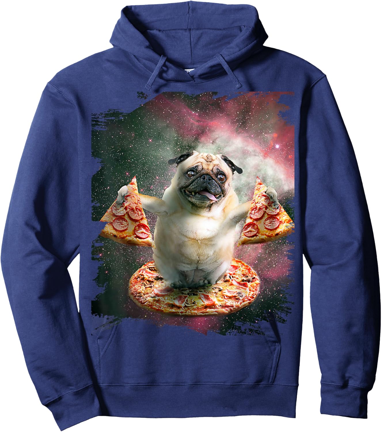 Random Galaxy Funny Pug Dog with Pizza Hoodie - Hoodie | Navy