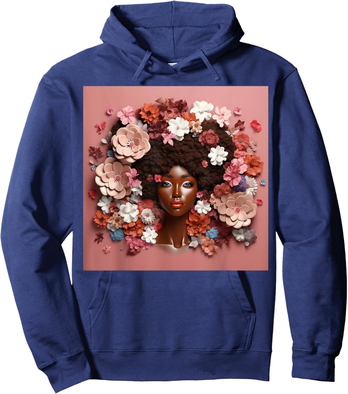 Afro Woman Floral Black Queen Puff Art Melanin Magic Pink Hoodie - Hoodie | Navy