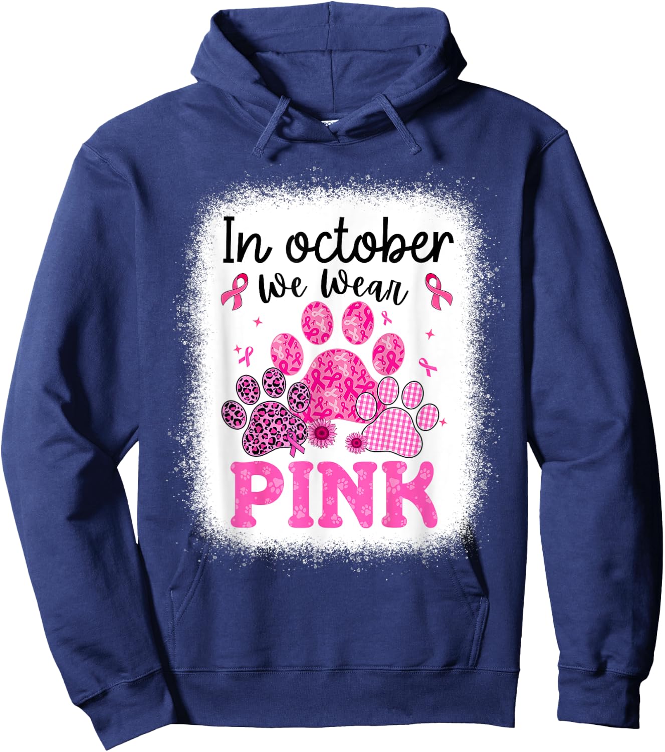 In October We Wear Pink Dog Cat Paw Breast Cancer Awareness Hoodie - Hoodie | Navy