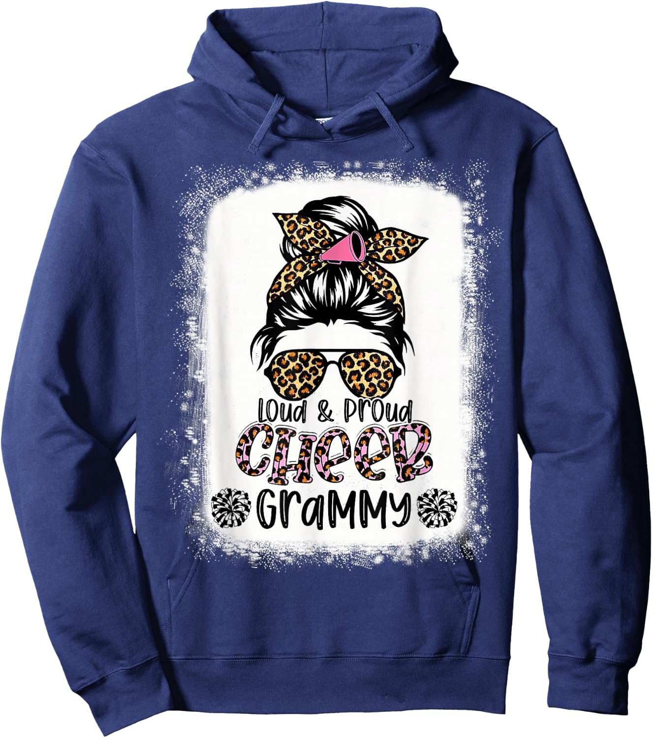 Loud And Proud Cheer Grammy Leopard Messy Bun Bleached Hoodie - Hoodie | Navy