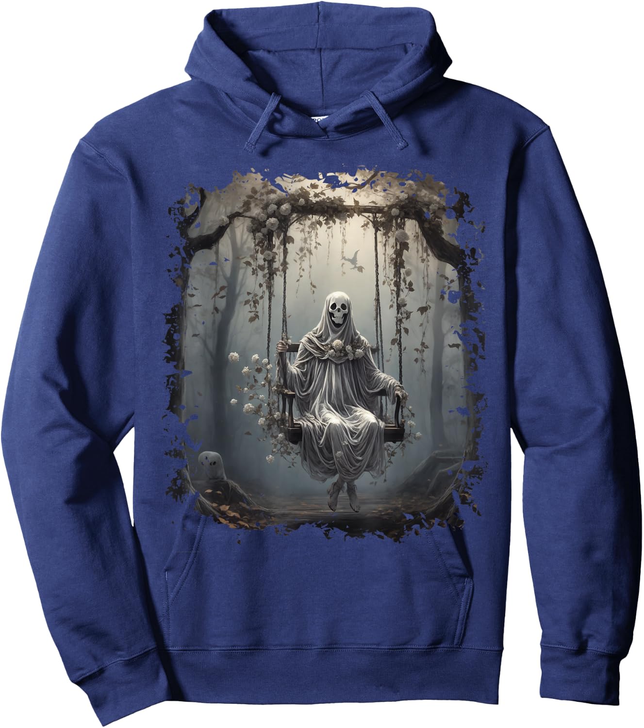 Vintage Floral Ghost On Swing In Forest Halloween Gothic Hoodie - Hoodie | Navy