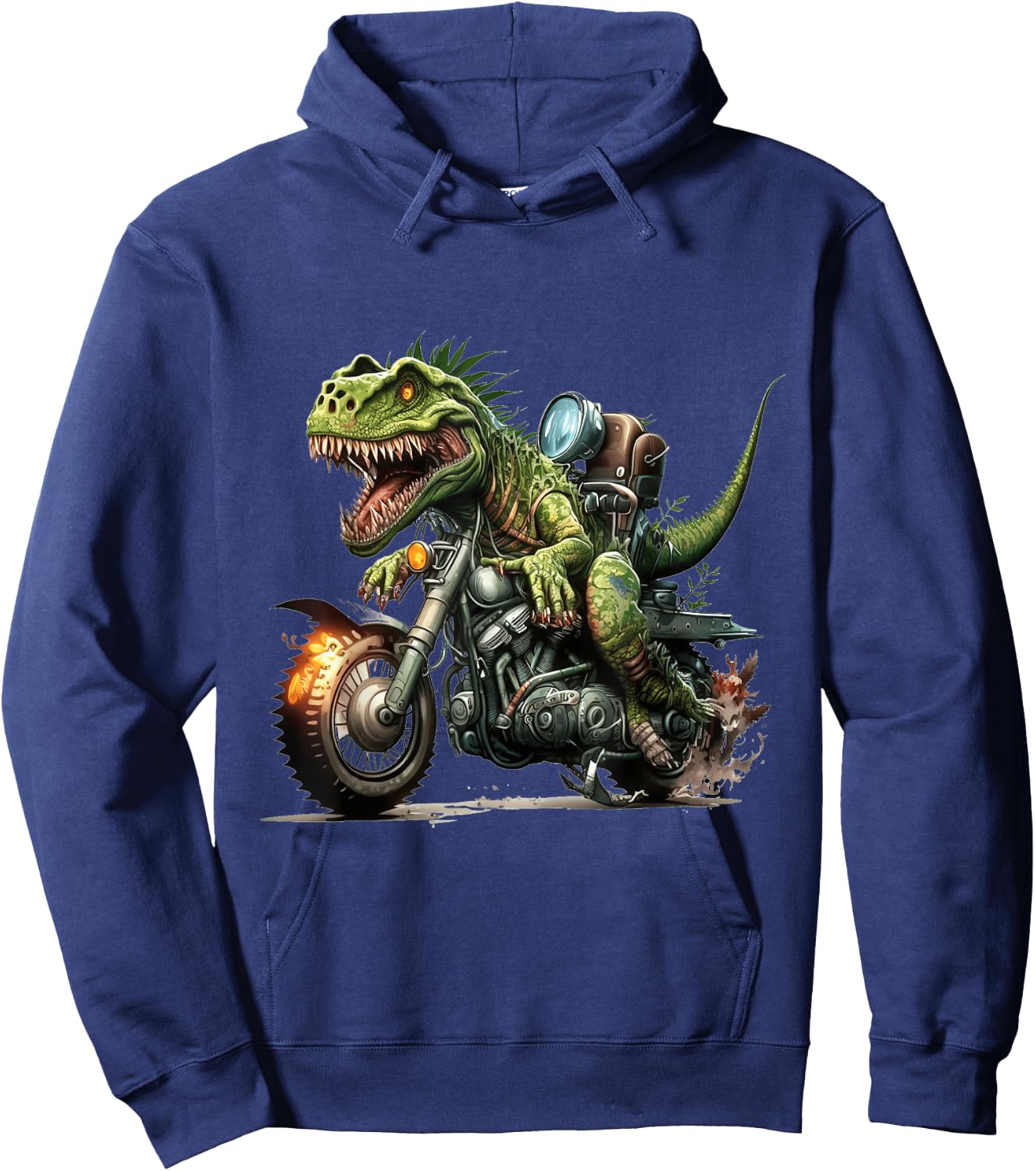 T-Rex Dinosaur Riding a Motorcycle with Flaming Tire Hoodie - Hoodie | Navy
