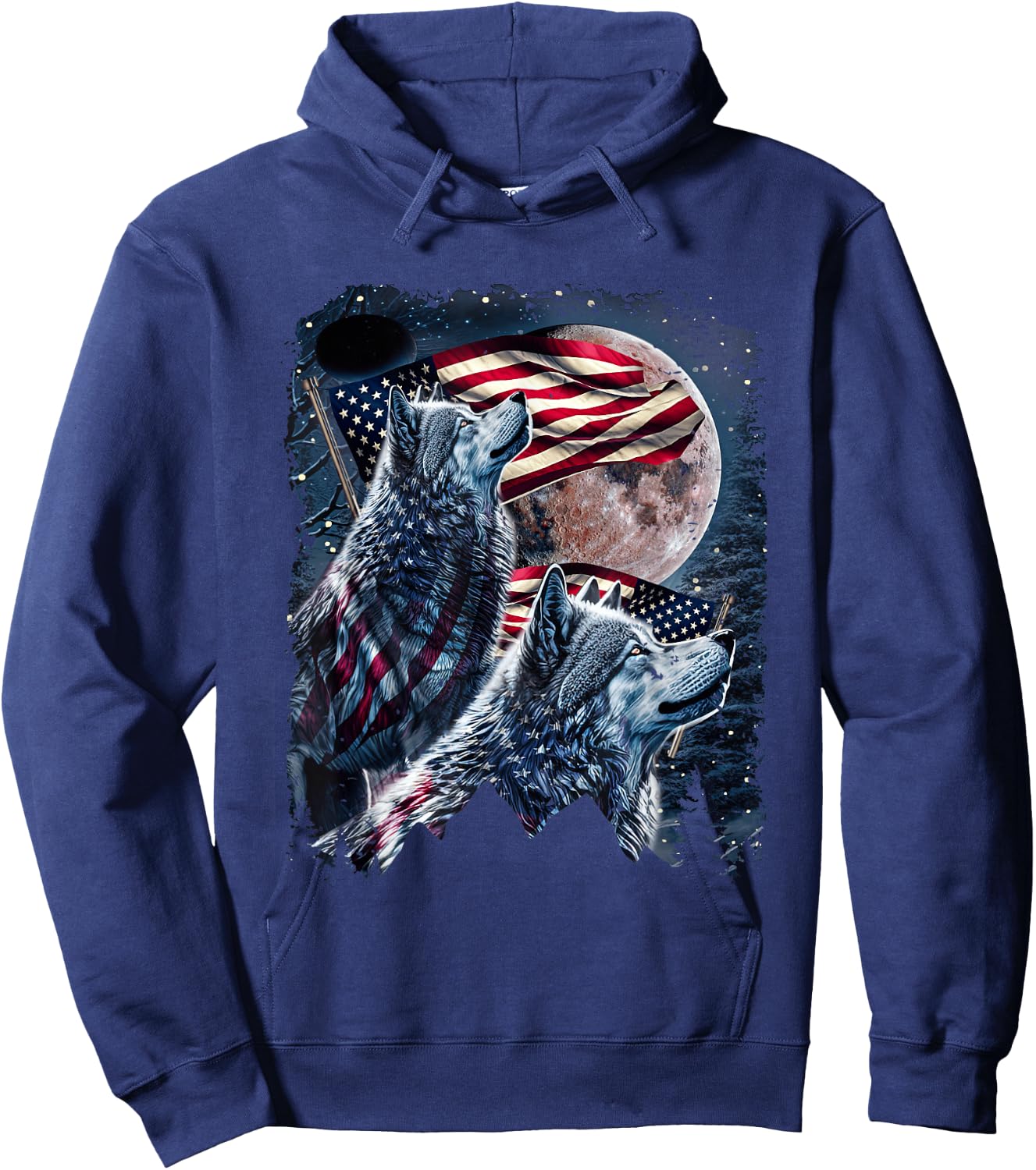 Wolf 4th of July American Flag Howling Wolves Under Moon Hoodie - Hoodie | Navy