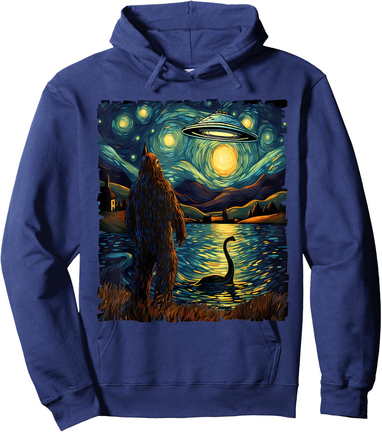 Funny Bigfoot UFO and Nessie Van Gogh Starry Night Painting Hoodie - Hoodie | Navy