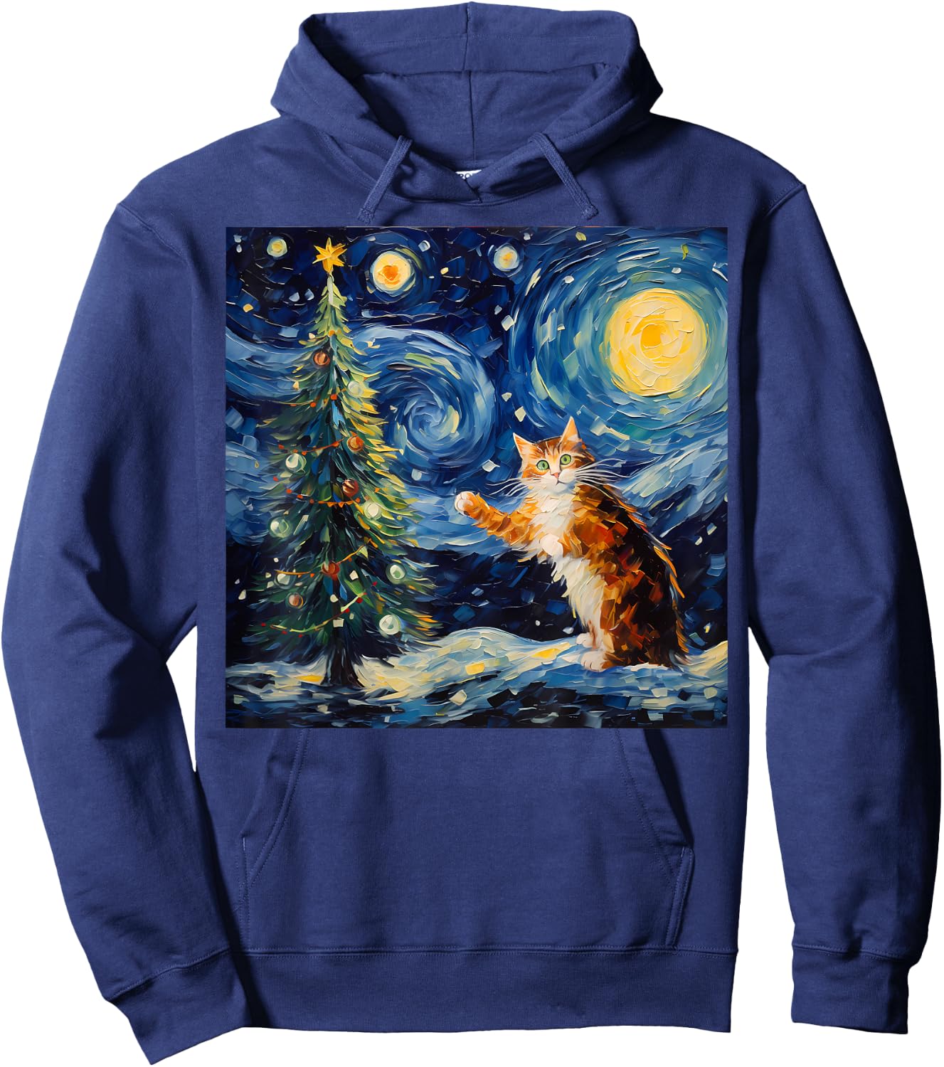 Funny Starry Night Christmas Kitty Kitten Xmas Tree Novelty Hoodie - Hoodie | Navy