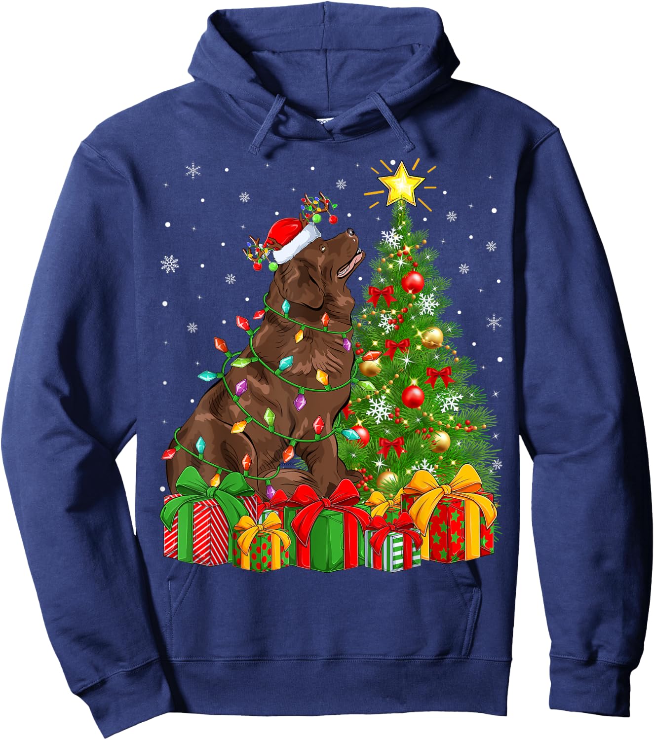 Xmas Tree Lighting Santa Newfoundland Dog Christmas Men Women Kids Hoodie - Hoodie | Navy