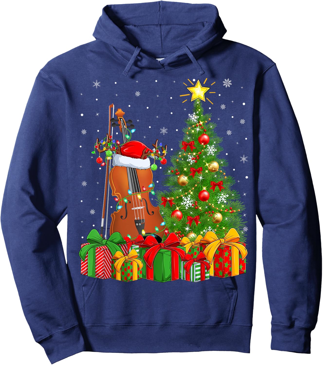 Musical Violin Xmas Tree Lighting Santa Violin Christmas Hoodie - Hoodie | Navy