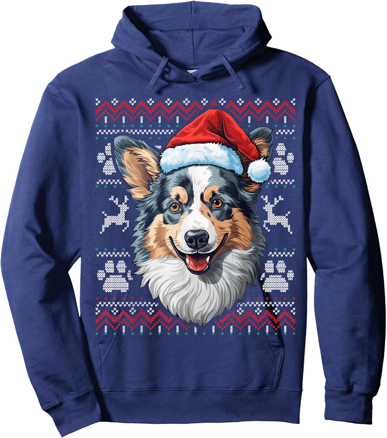 Blue Merle Corgi Santa Hat Christmas Funny Dog Mom Dad Hoodie - Hoodie | Navy