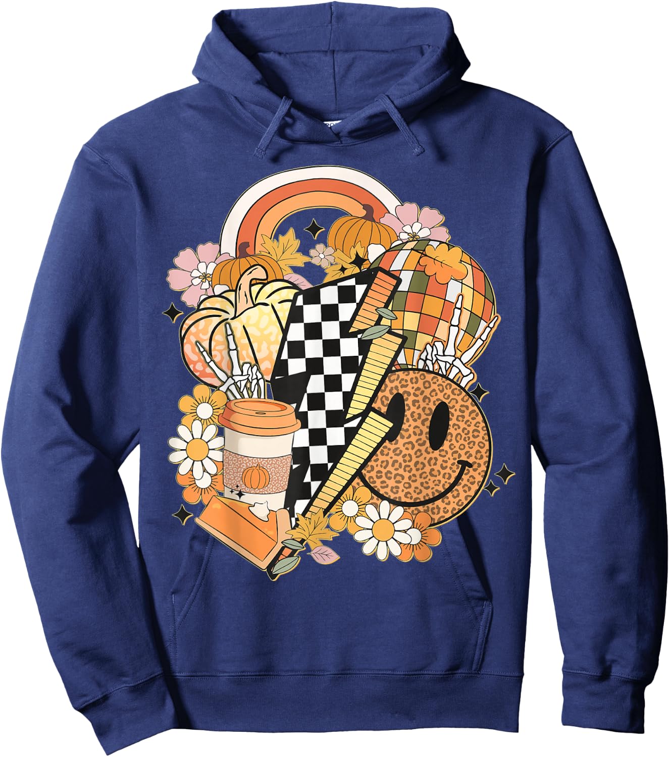 Groovy Fall Vibes Smile Face Autumn Coffee Cup Fall Women Hoodie - Hoodie | Navy