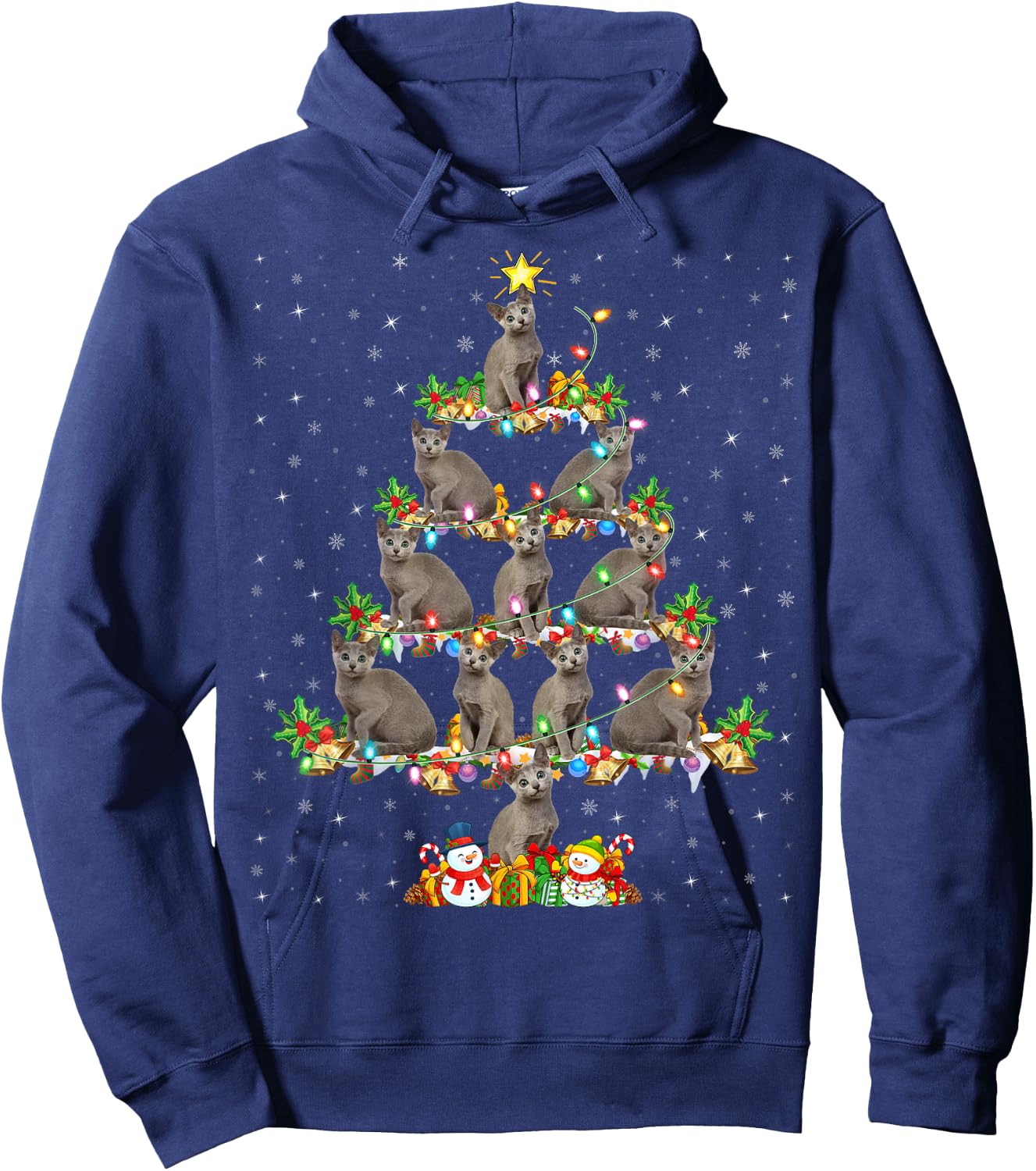 Russian Blue Cat Xmas Lights Russian Blue Cat Christmas Tree Hoodie - Hoodie | Navy