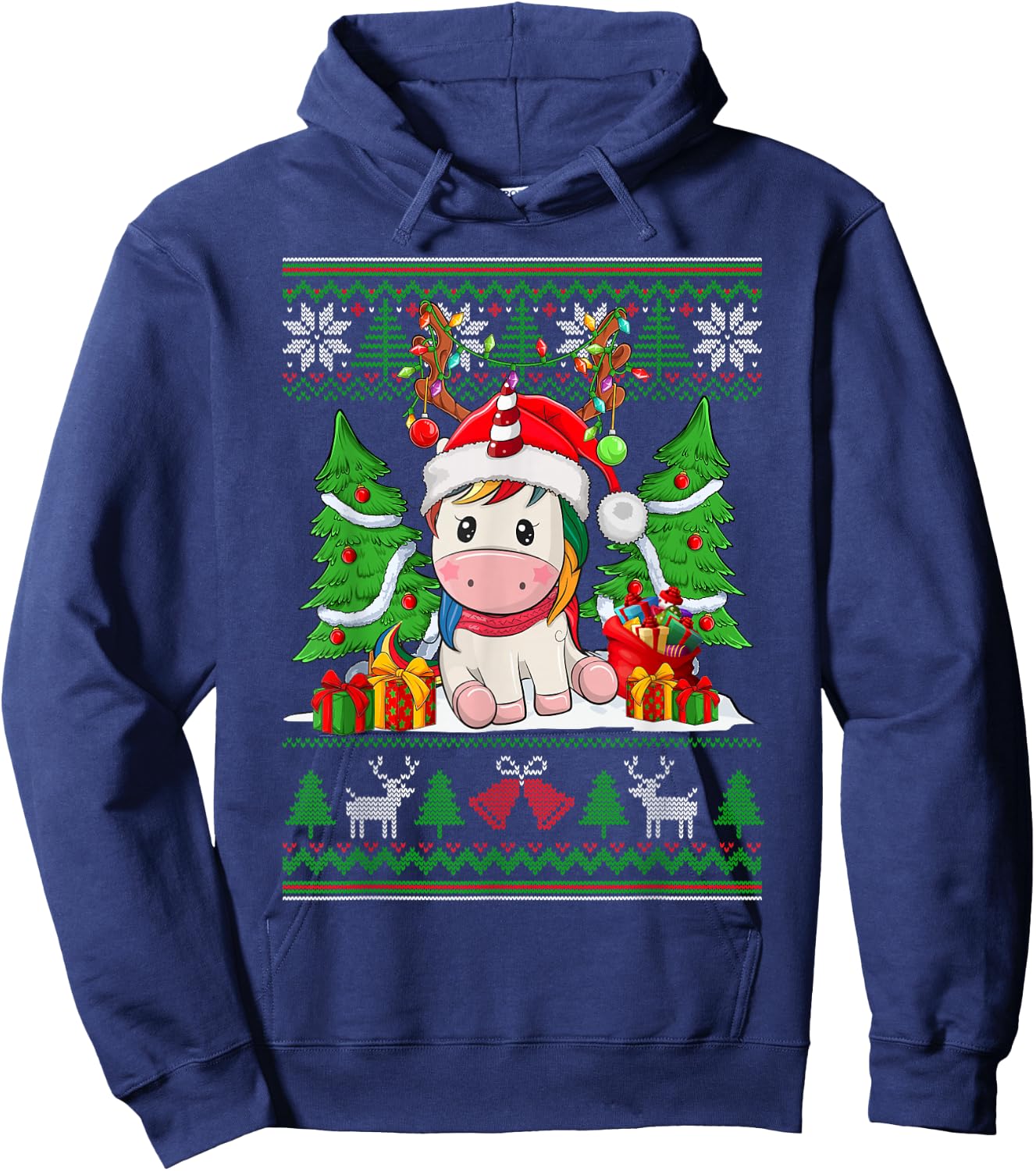 Christmas Girls Xmas Unicorn Deer Ugly Christmas Sweater Hoodie - Hoodie | Navy