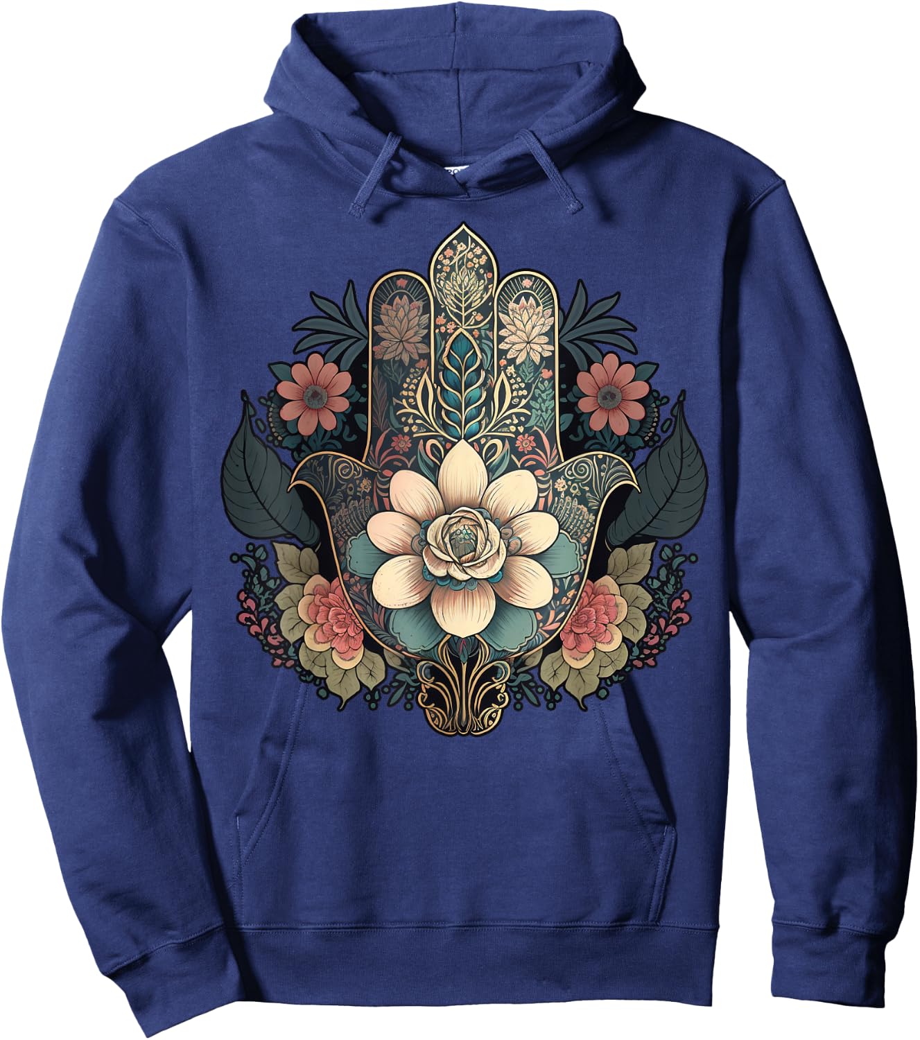 Khamsah or flower Hand of Fatima on floral Hamsa Hand Hoodie - Hoodie | Navy