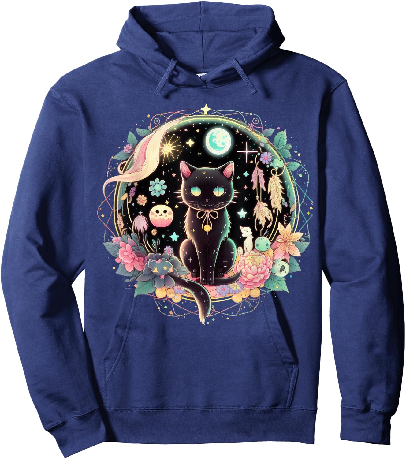 Moon Phases Crystal Witchy Cute Black Cat Kawaii Pastel Goth Hoodie - Hoodie | Navy