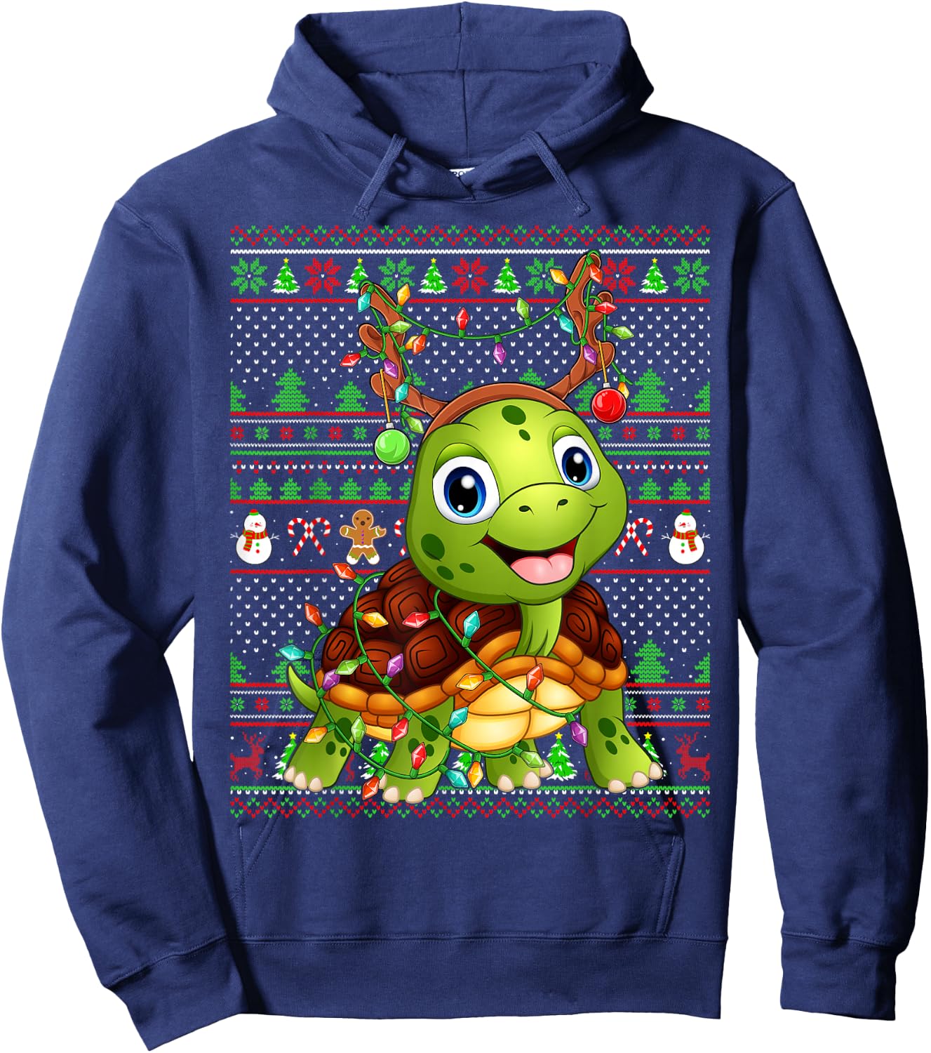 Ugly Xmas Sweater Style Lighting Turtle Christmas Hoodie - Hoodie | Navy