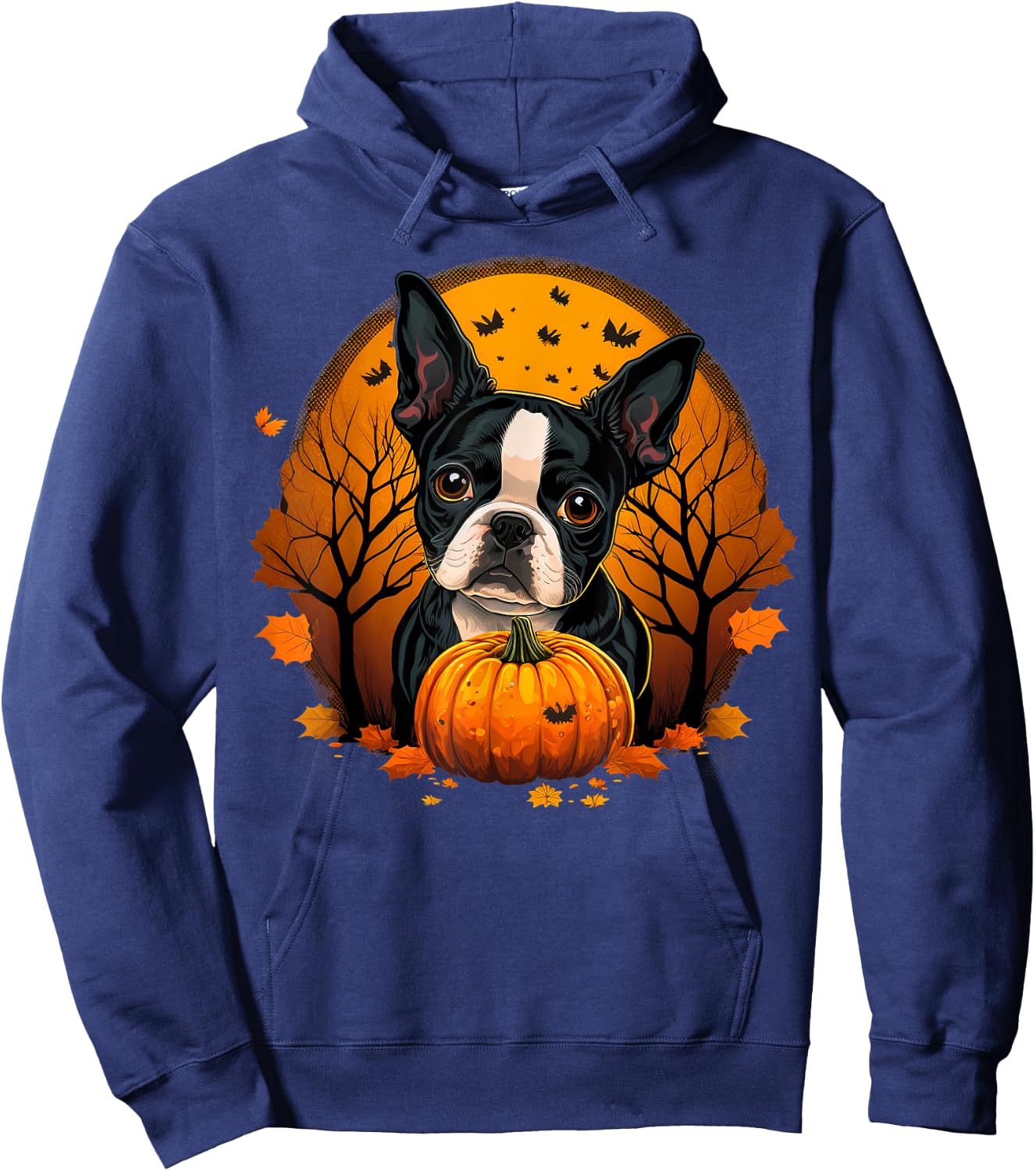 Pumpkin Boston Terrier Costume on Boston Terrier Halloween Hoodie - Hoodie | Navy
