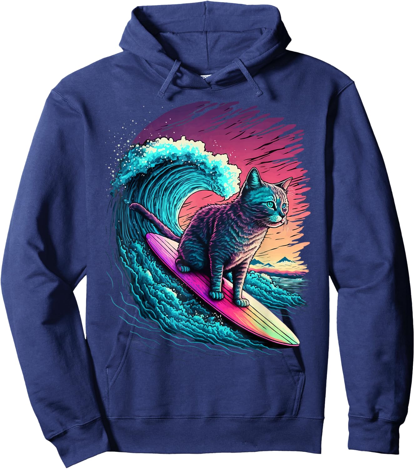 Vintage 80s Vaporwave Synthwave Retro Surfing Cat Kitten Hoodie - Hoodie | Navy