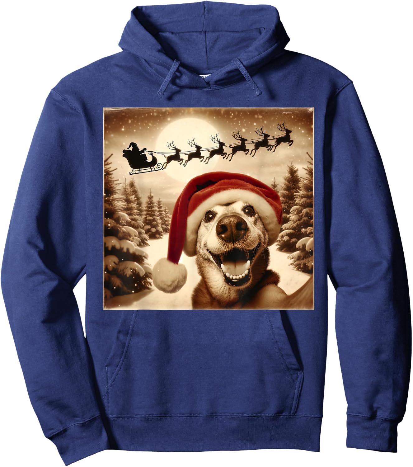 Funny Dog Selfie With Santa's Sleigh Weird dog Christmas Women Girls Kids Hoodie - Hoodie | Navy