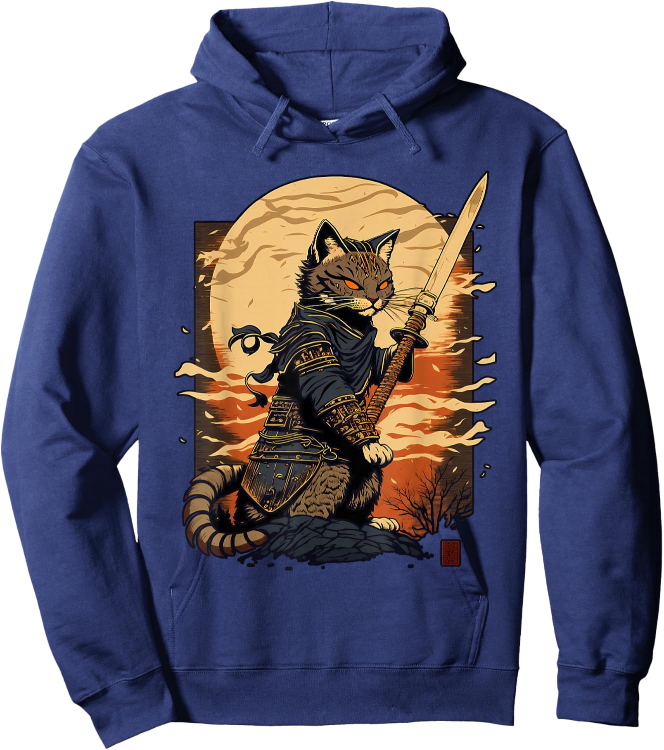 Retro Japanese Warrior Katana Ninja Cat, Samurai Kitten Hoodie - Hoodie | Navy