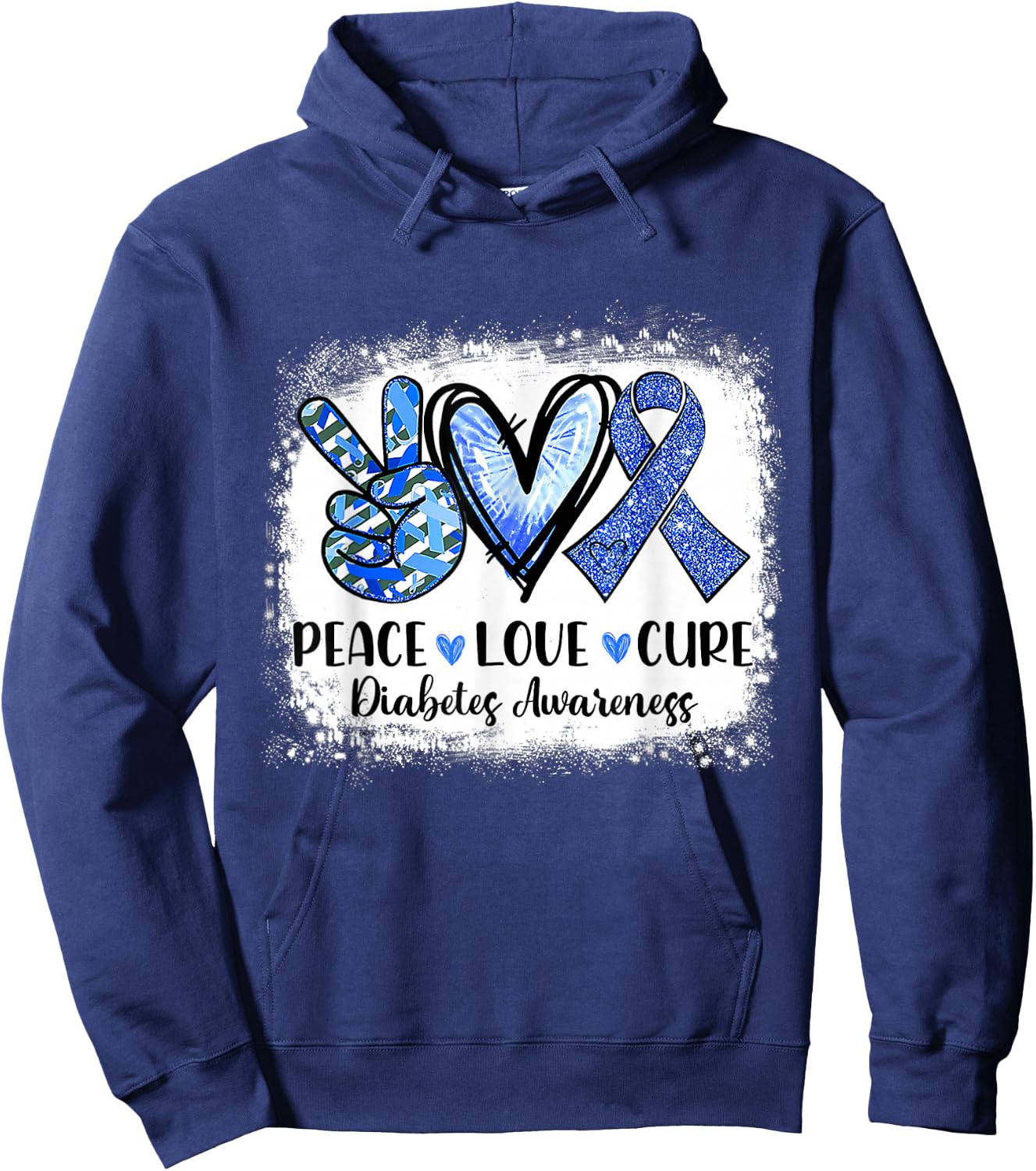 Peace Love Cure Type 1 Diabetes Awareness T1d Blue Ribbon Hoodie - Hoodie | Navy