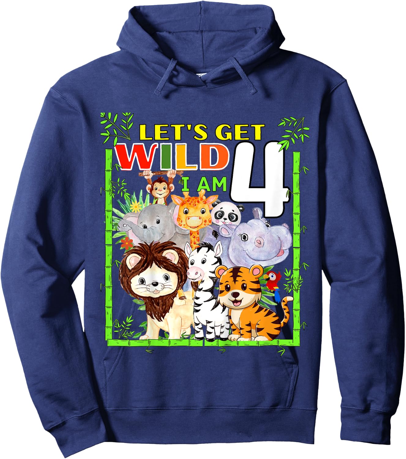 Kids 4 Year Old Zoo Birthday Safari Jungle Animals 4th Birthday Hoodie - Hoodie | Navy