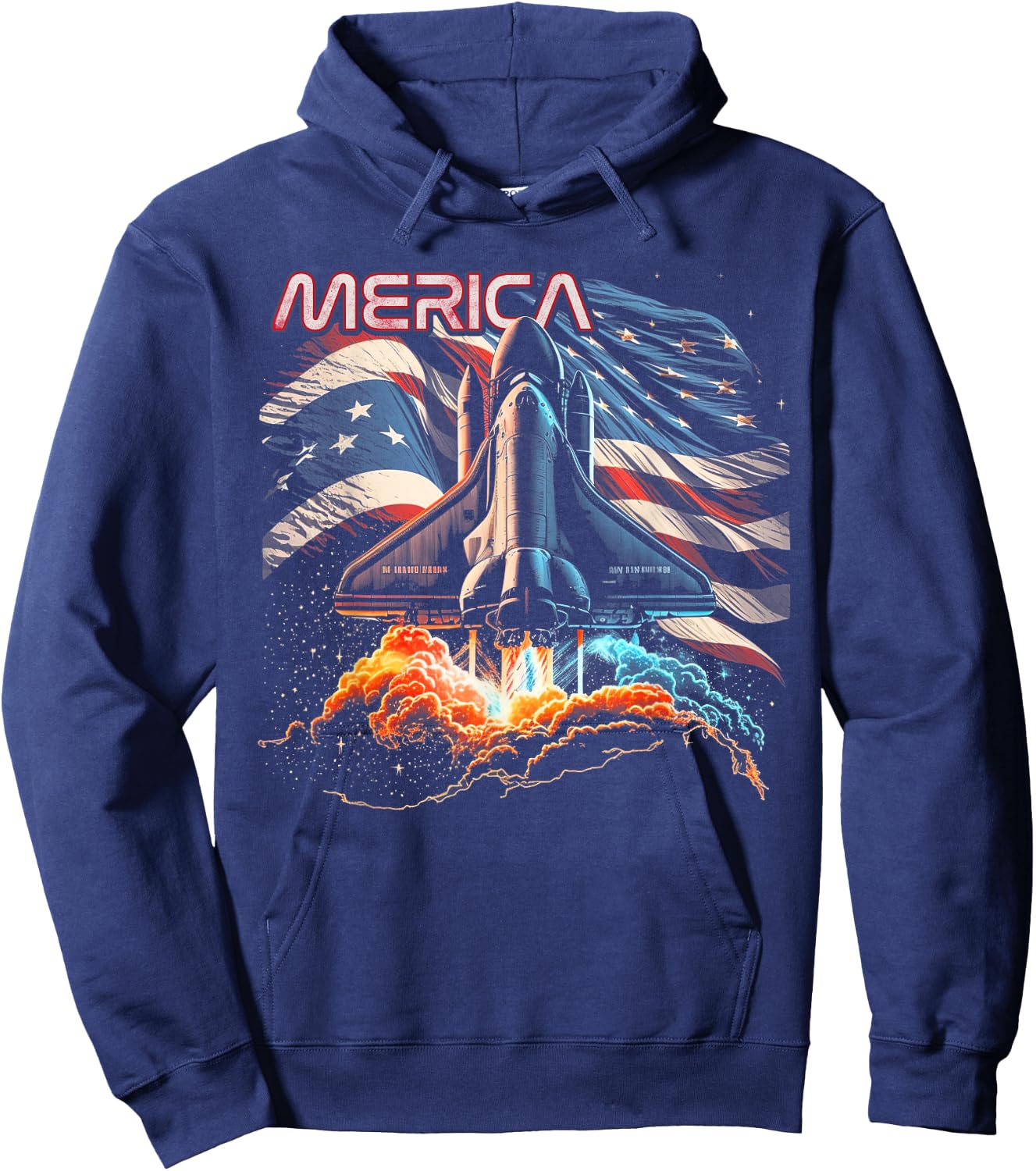 Astronaut Space Rocket Shuttle 4th of July American Flag USA Kids Men Hoodie - Hoodie | Navy