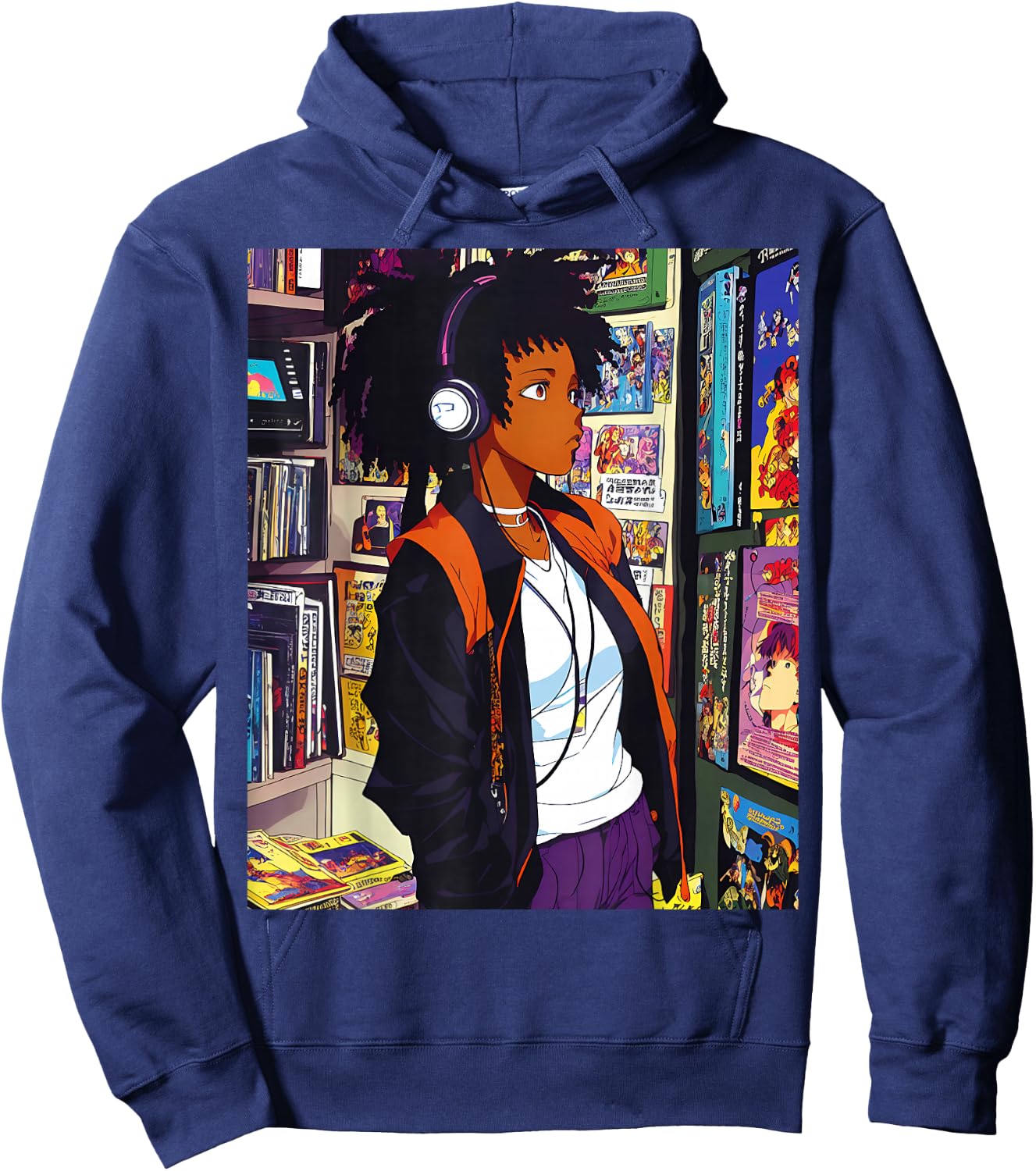 Anime Black Girl Lofi Music 90s Retro Afro Cartoon Hoodie - Hoodie | Navy