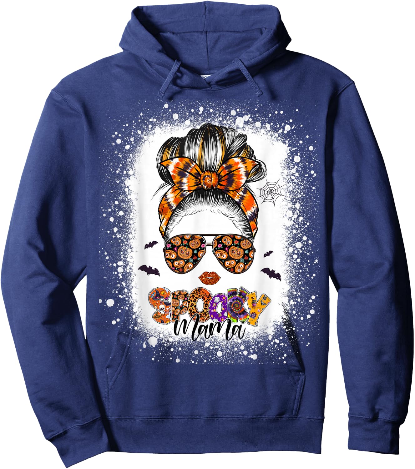 Spooky Mama Halloween Monster Messy Bun Skull Mom Bleached Hoodie - Hoodie | Navy