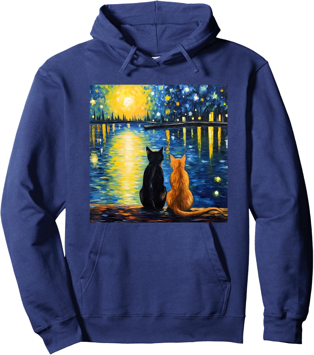 Two Cats Starry Night Lover Cat Art Painting Kitten Van Gogh Hoodie - Hoodie | Navy