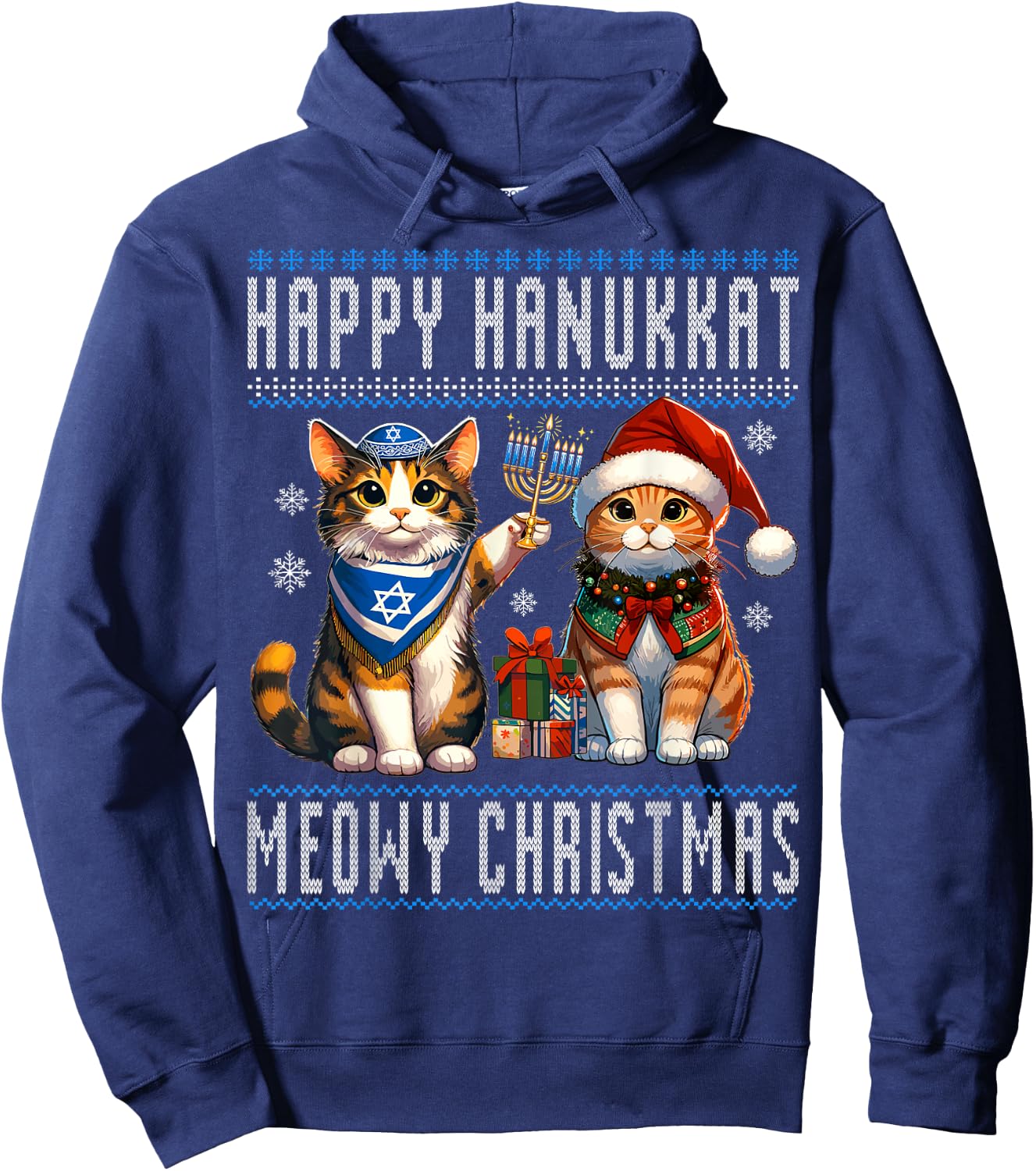 Cat Merry Christmas Happy Hanukkah Jewish Christian Men Women Kids Hoodie - Hoodie | Navy