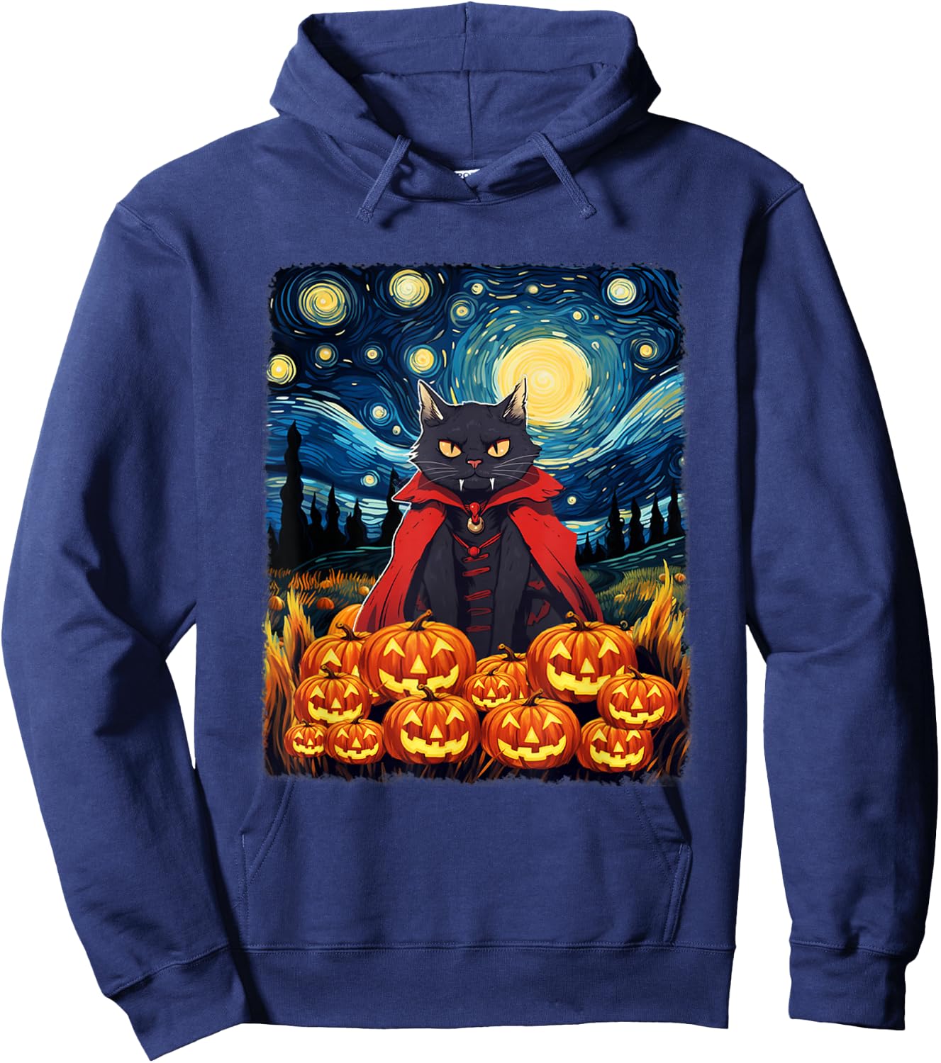 Dracula Cat Starry Night Van Gogh Retro Halloween Cat Hoodie - Hoodie | Navy