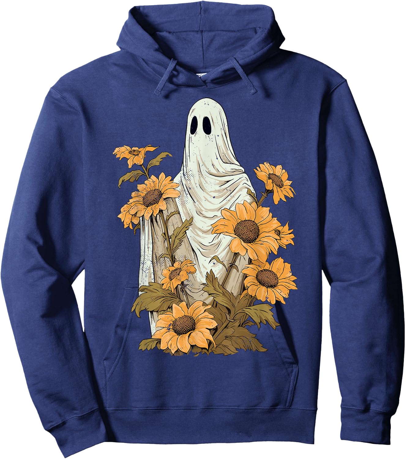 Vintage Floral Ghost Sunflowers Spooky Halloween Graphic Hoodie - Hoodie | Navy