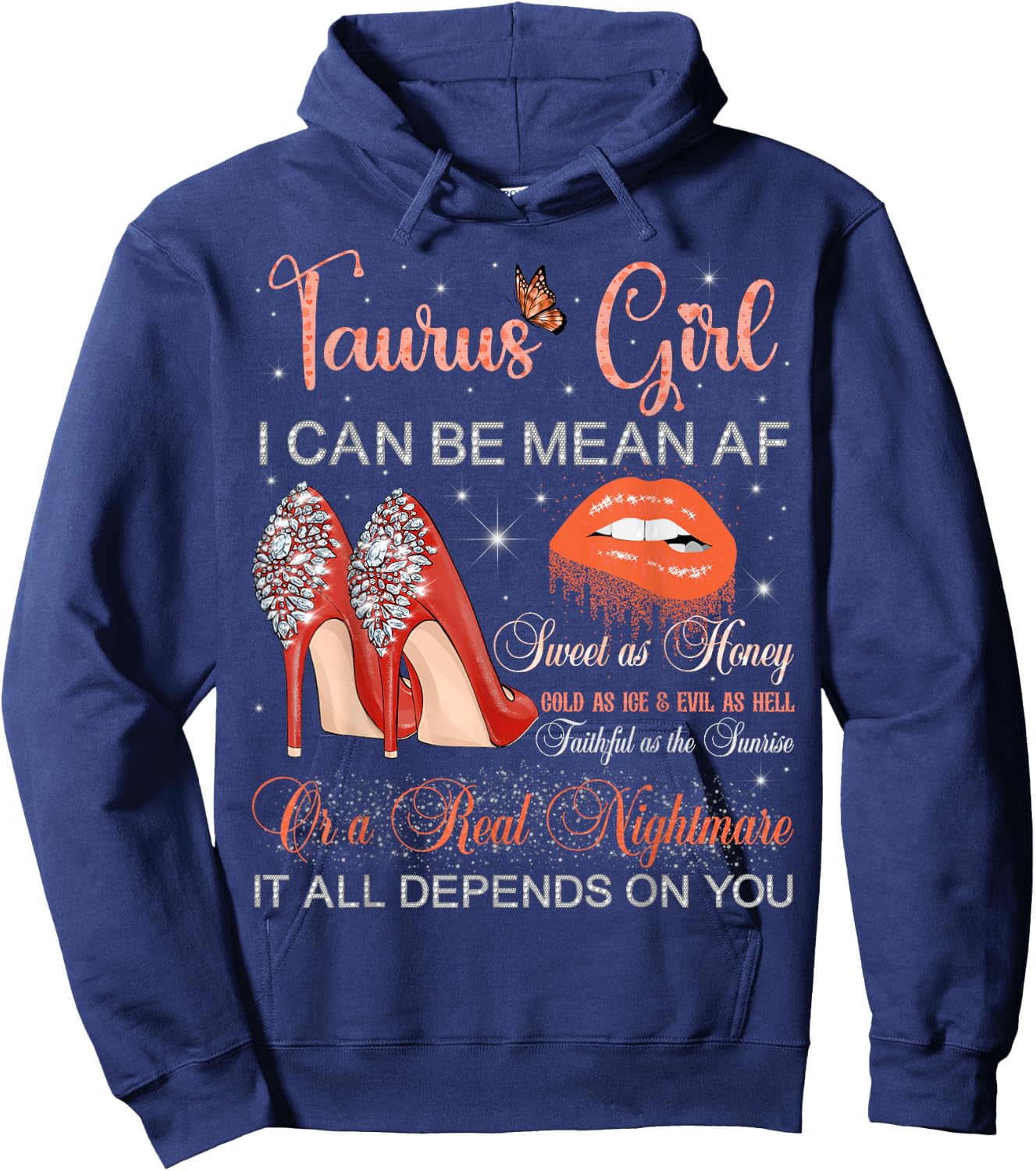 Taurus Girl Birthday High Heels Dripping Lips Butterfly Hoodie - Hoodie | Navy