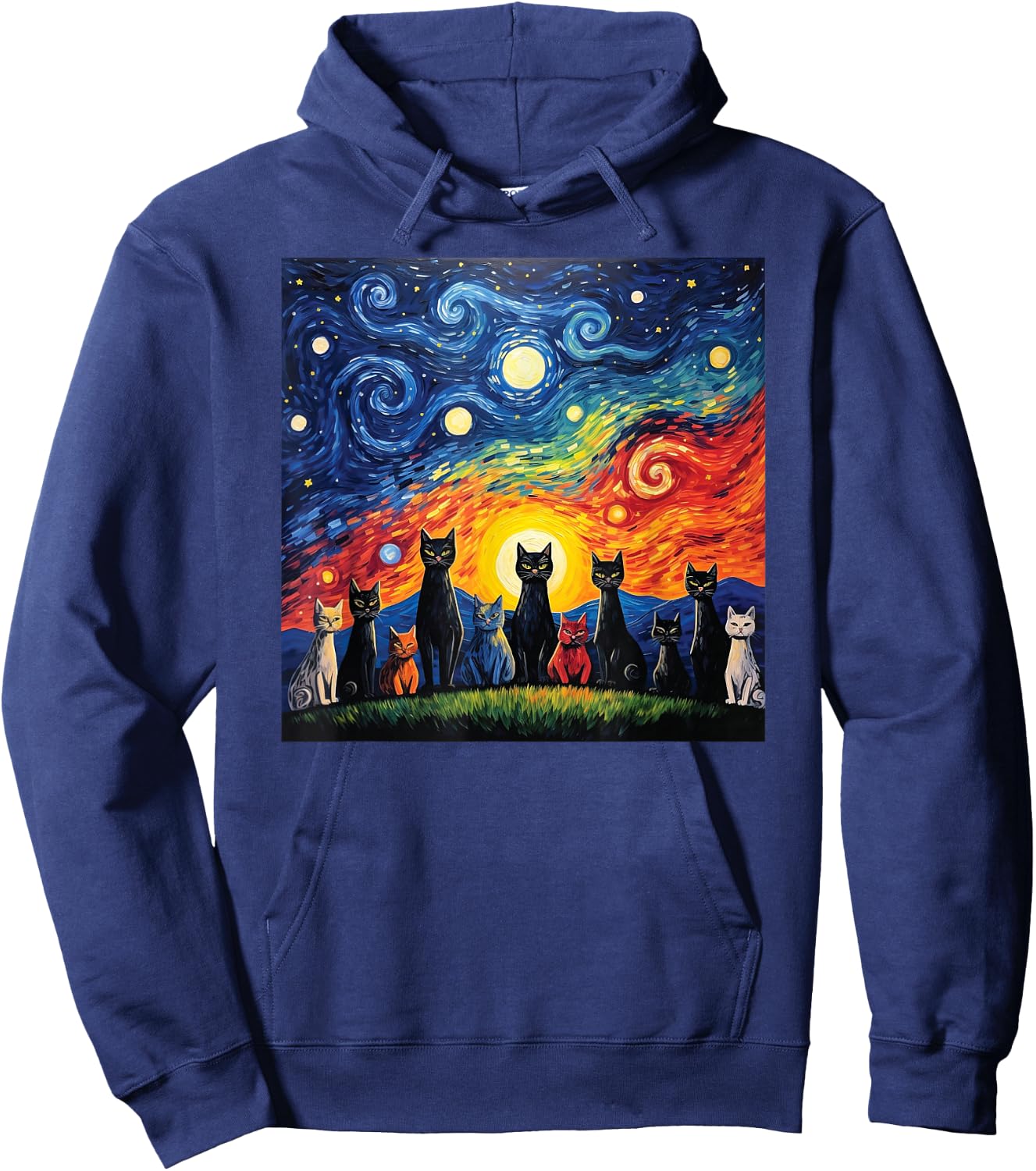 cats family Painting art Starry Night kitty kitten Van Gogh Hoodie - Hoodie | Navy
