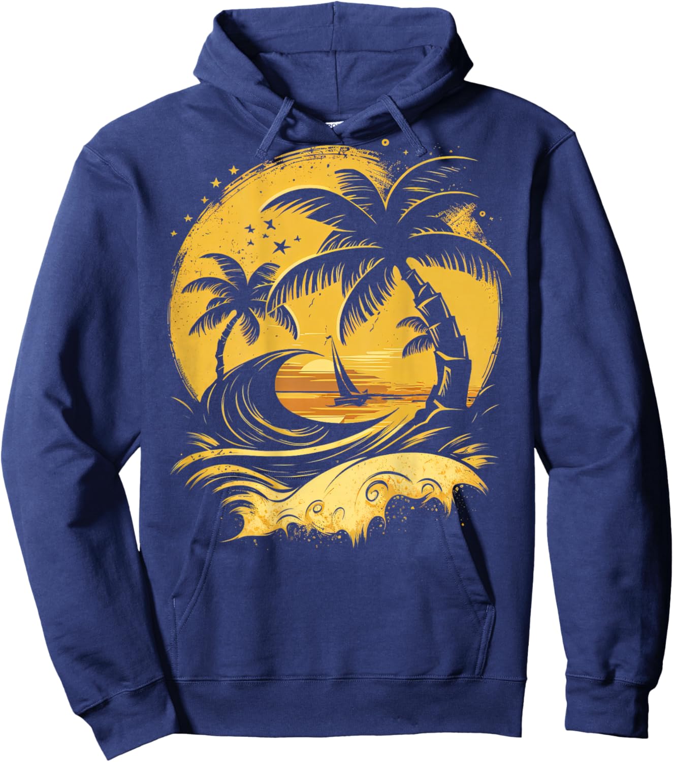 ON Back Tropical Palm Trees Sailboat Beach Island Sunset Hoodie - Hoodie | Navy