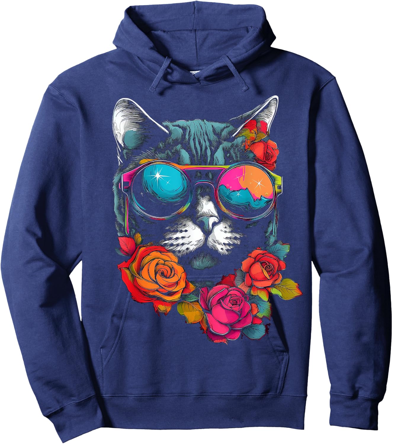 Cat Lover Artwork | Sunglasses Flower Animal Motif Cat Hoodie - Hoodie | Navy